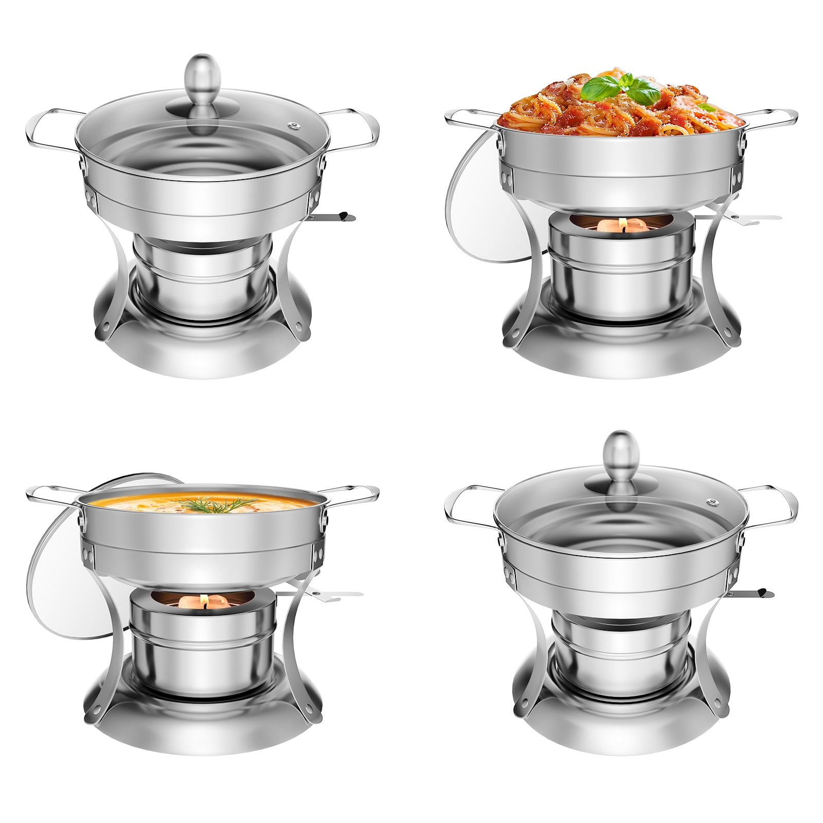 WARMOUNTS Chafing Dish Buffet Set, 4 Pack 1-Quart Round Buffet Chafe Warmer Set, 410 Stainless Steel Chafing Dish Buffet Food Warmer with Glass Lid & Holder