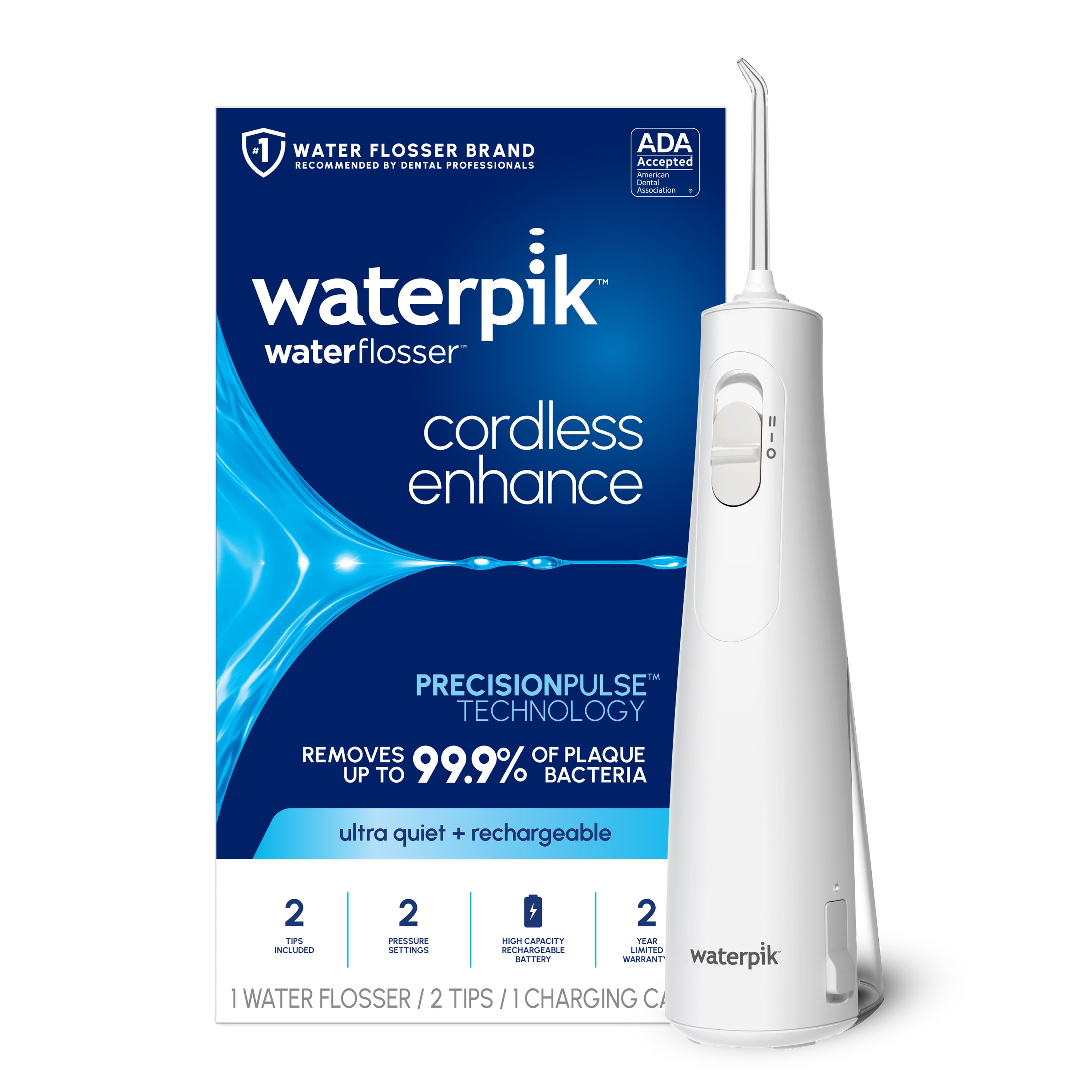 Waterpik Cordless Enhance Water Flosser with 2 Settings, 2 Tips, ADA Accepted, White
