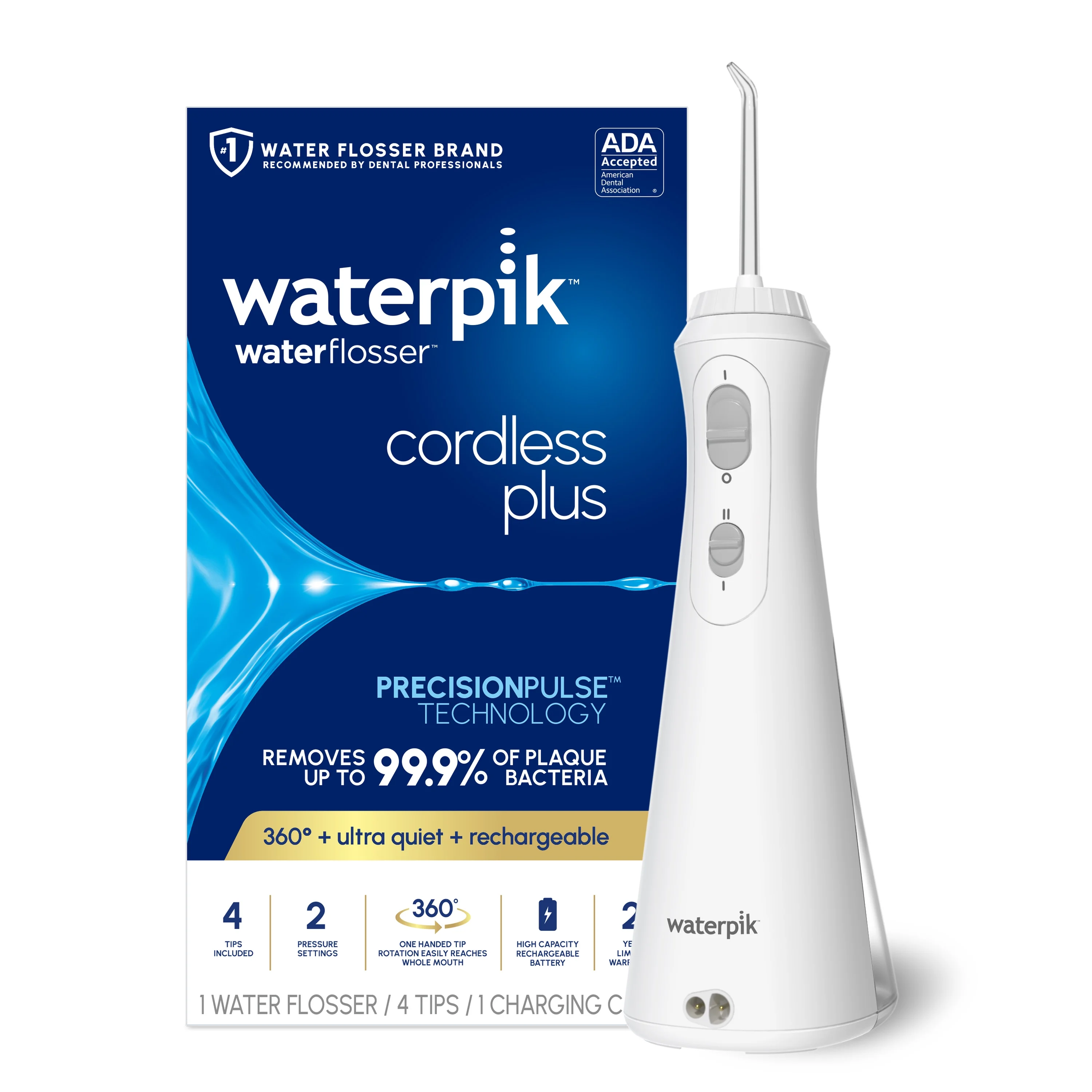 Waterpik Cordless Plus Water Flosser with 2 Settings, 4 Tips, ADA Accepted, White