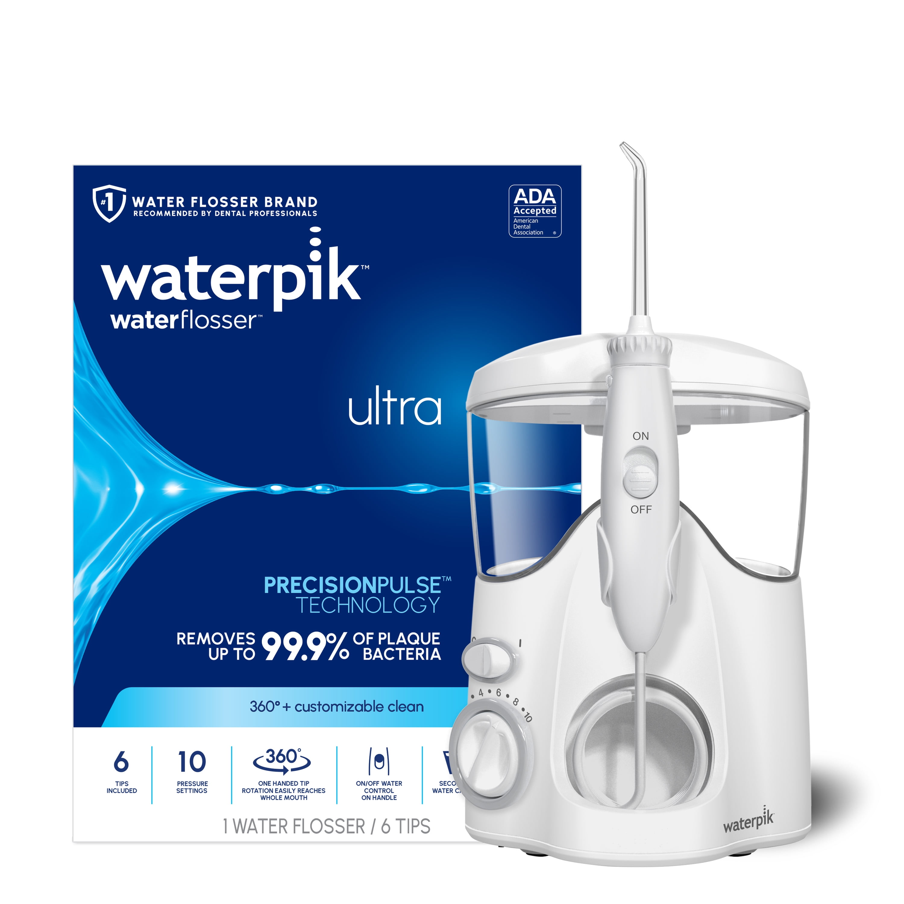 Waterpik Ultra Water Flosser with 10 Settings, 6 Tips, ADA Accepted, White