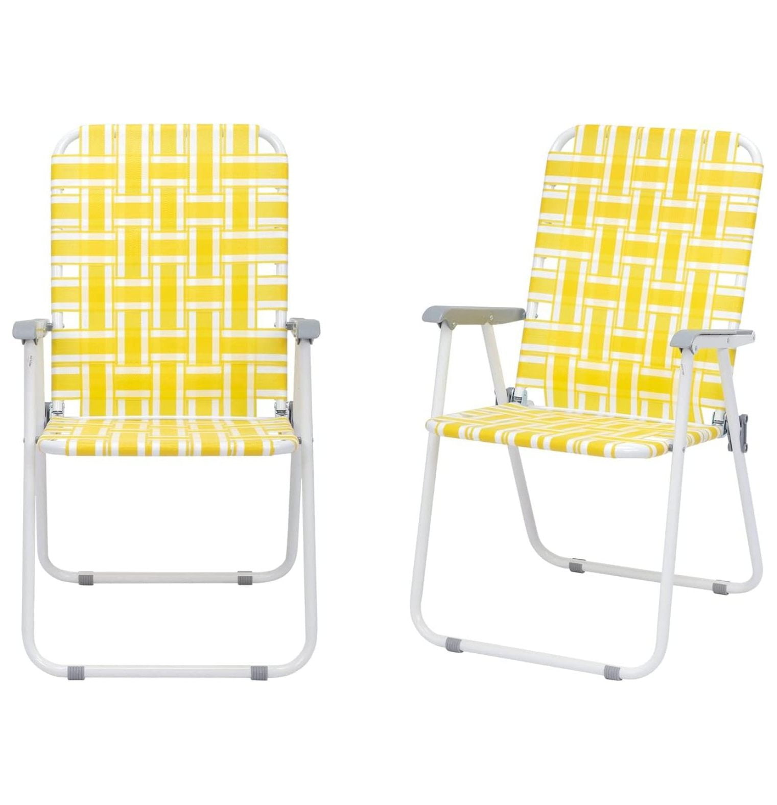 Webbed Lawn Chairs Set of 2, Foldable Metal Patio Chairs Stable Steel Outdoor Chair for Camping, Fishing, Beach, Poolside, Backyard and BBQ (Yellow&White)
