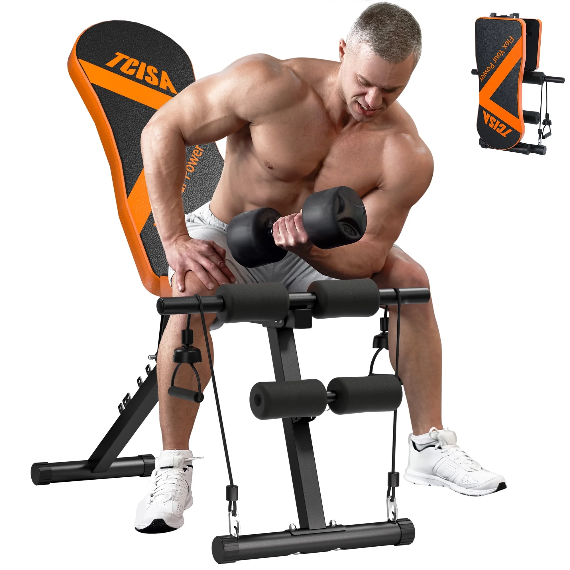 Weight Bench, TCISA Adjustable Weight Bench, Strength Training Benches For Full Body Workout & Home Gym with Resistance Bands