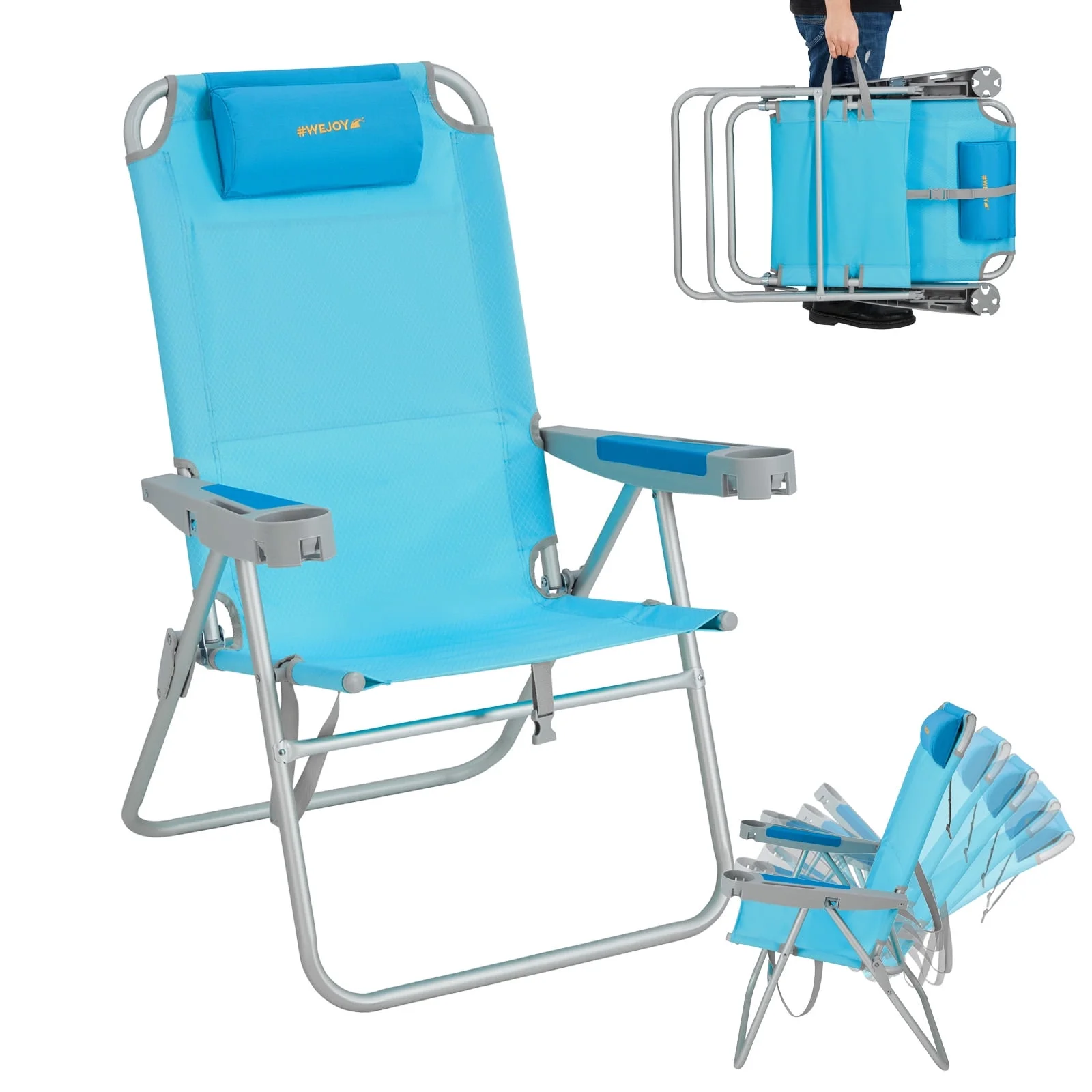 #WEJOY High Backpack Beach Chair, Portable 5-Position Reclining Lawn Chairs, Folding Chair with Phone Holder & Head Pillow, Supports up to 300 lbs for Outdoor, Camping