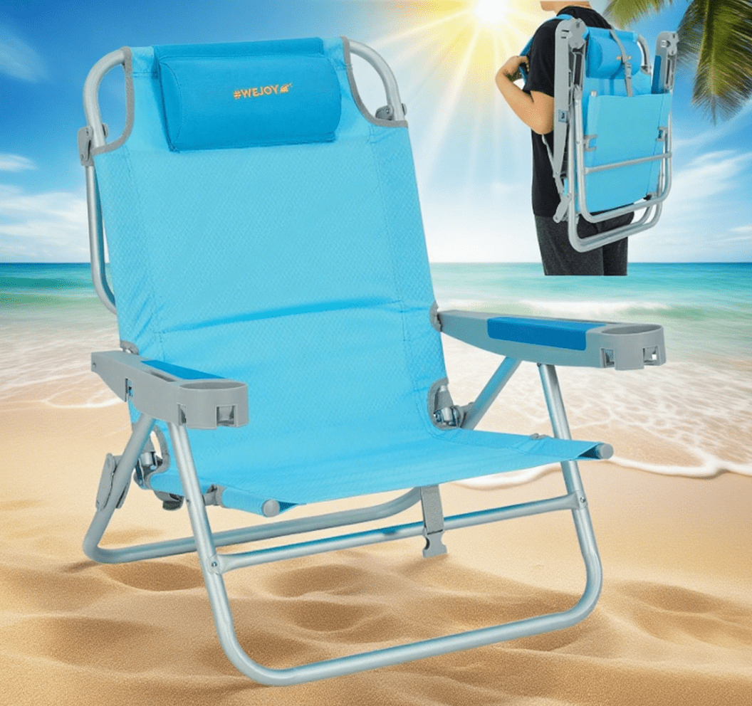 #WEJOY Folding Low Beach Chair, 5-Position Reclining Camping Chair, Portable Backpack Chairs, Backpack Beach Chairs for Adults with Cup Holder and Head Pillow, Supports up to 300 lbs
