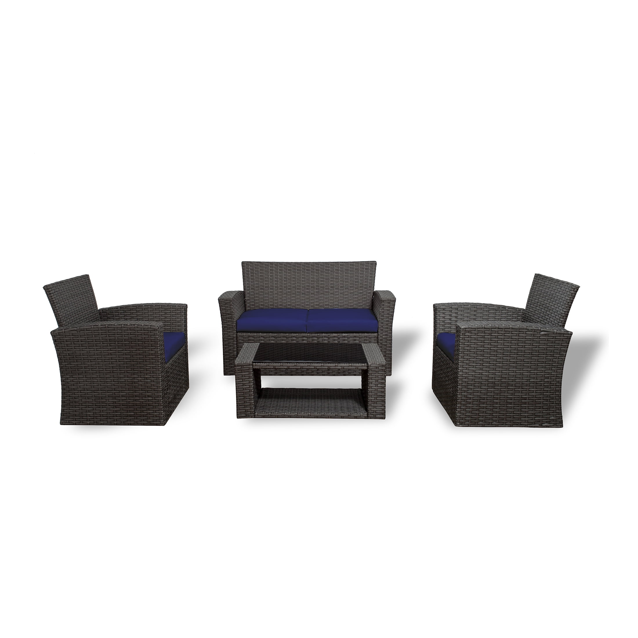 Westin Outdoor 4PC Rattan Wicker Sofa Coversation Set with Cushions UV Weather Resistant, Gray/Navy Blue