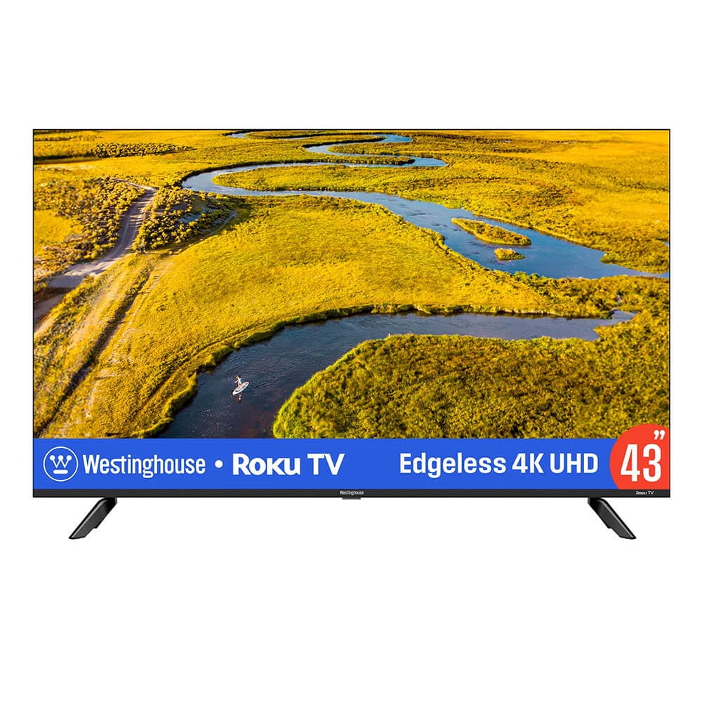 Westinghouse 43” Roku Smart TV – Edgeless Flat Screen, 4K UHD LED, HDR10, Wi-Fi, AirPlay, Alexa & Google Assistantt