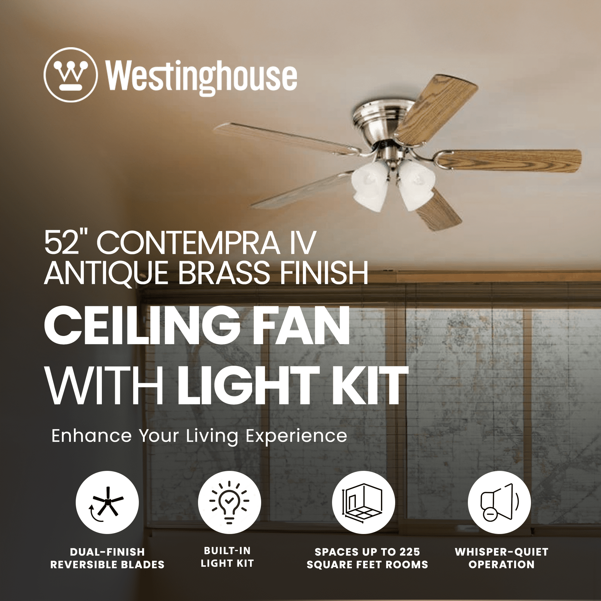 Westinghouse 52 Inch Contempra IV Antique Brass Ceiling Fan with Light Kit