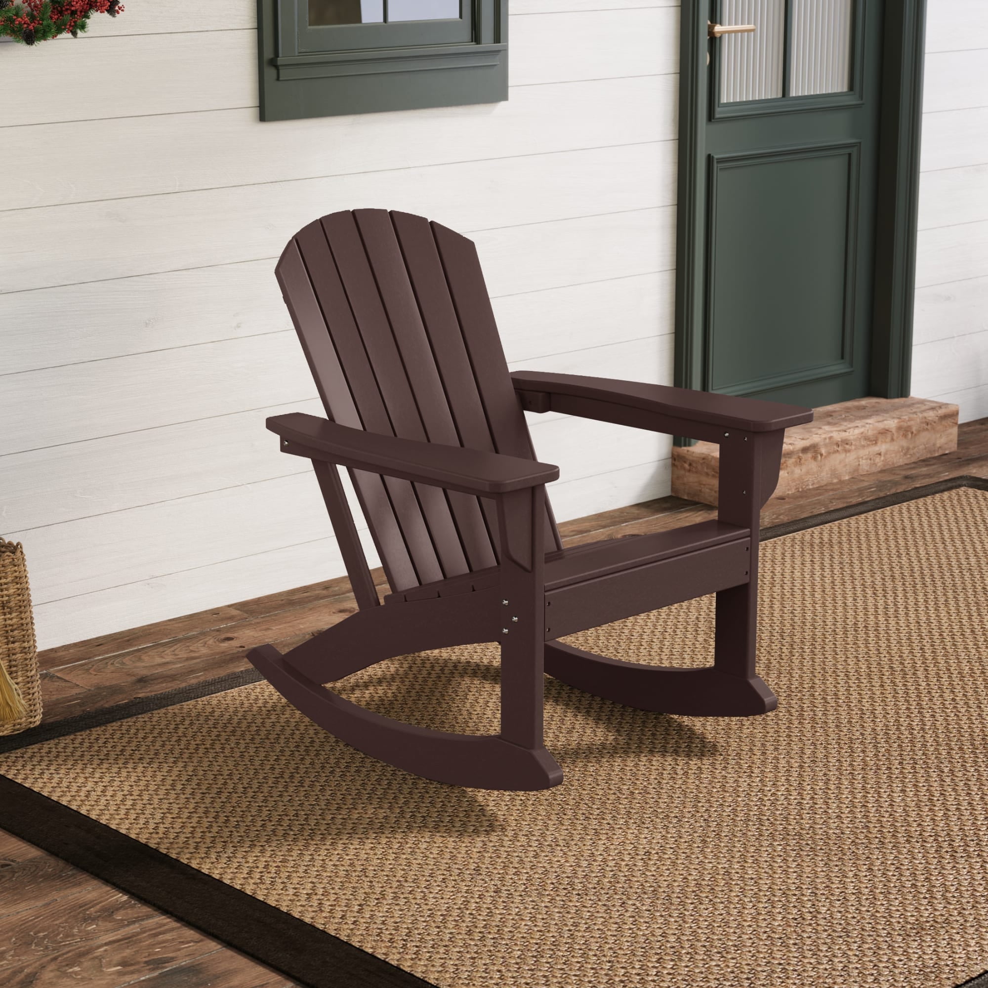 WestinTrends Dylan Outdoor Rocking Chair, All Weather Poly Lumber Seashell Adirondack Rocker Chair, 350 Lbs Support Patio Rocking Chairs for Porch Garden Backyard and Indoor, Dark Brown