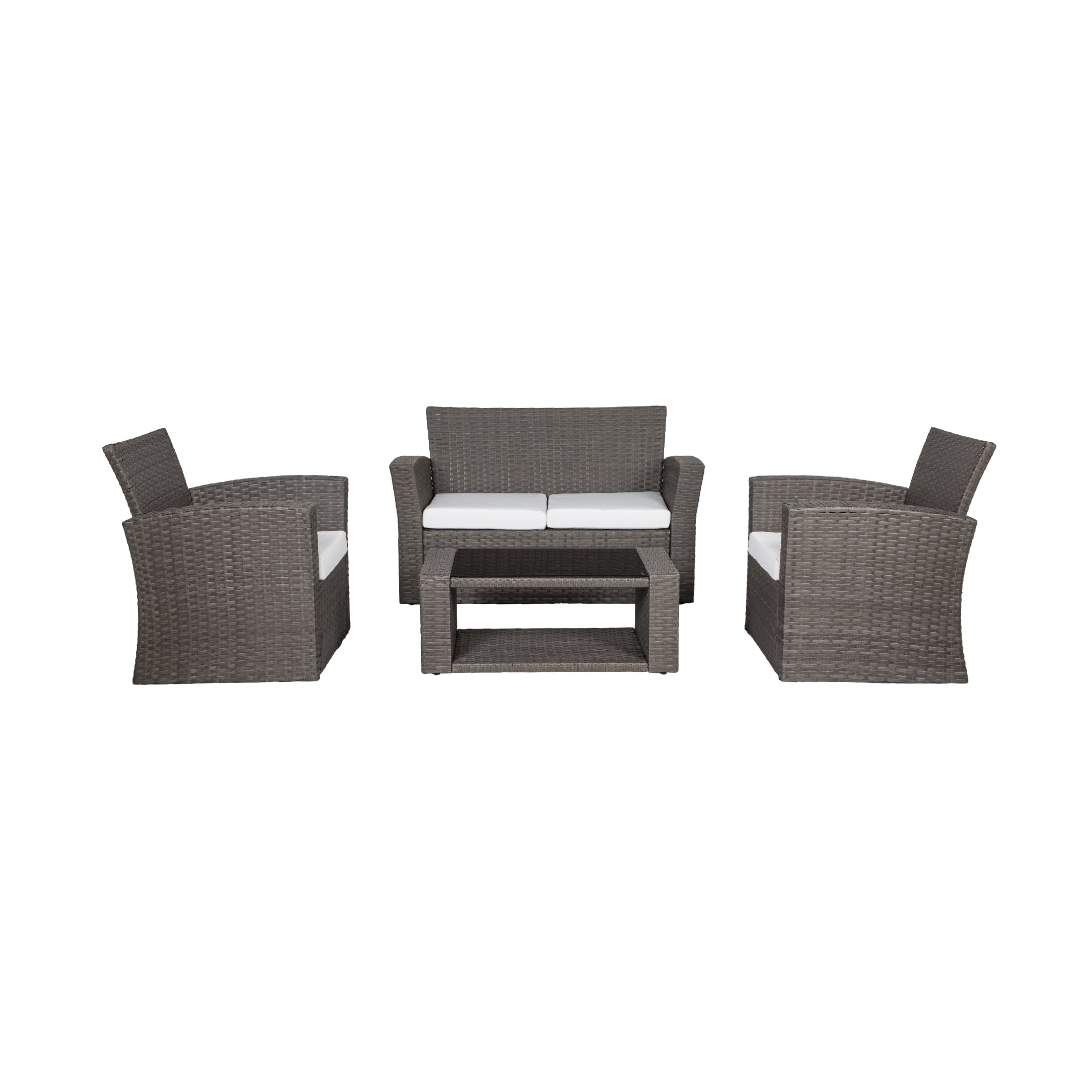 WestinTrends 4pc Outdoor Furniture Conversation Sofa Set with Loveseat, Cofee Table and Cushions, All Weather UV Resistant Rattan Wicker Patio Chairs, Gray/White