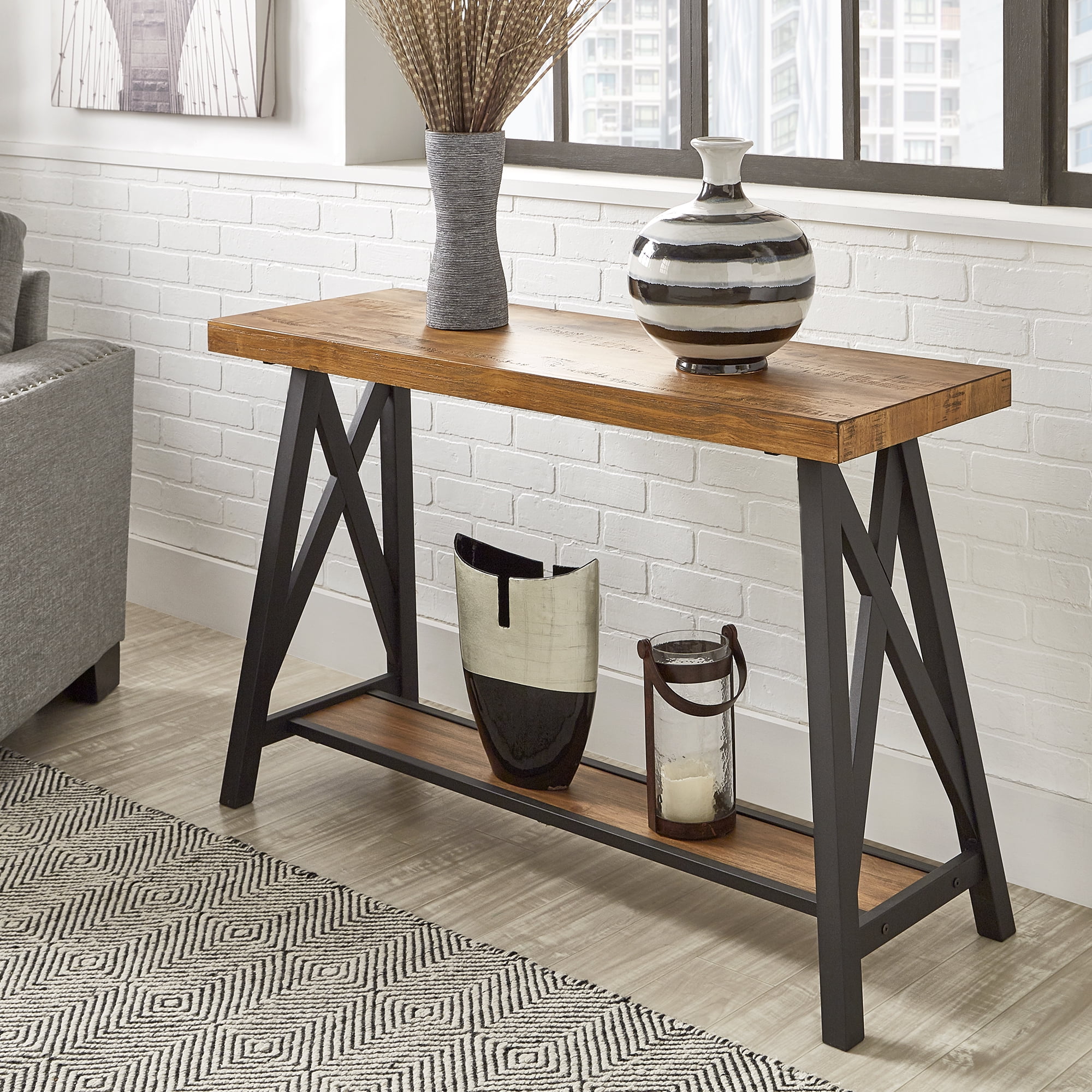Weston Home Westyn Rustic X Base Wood Console Table with Shelf, Oak