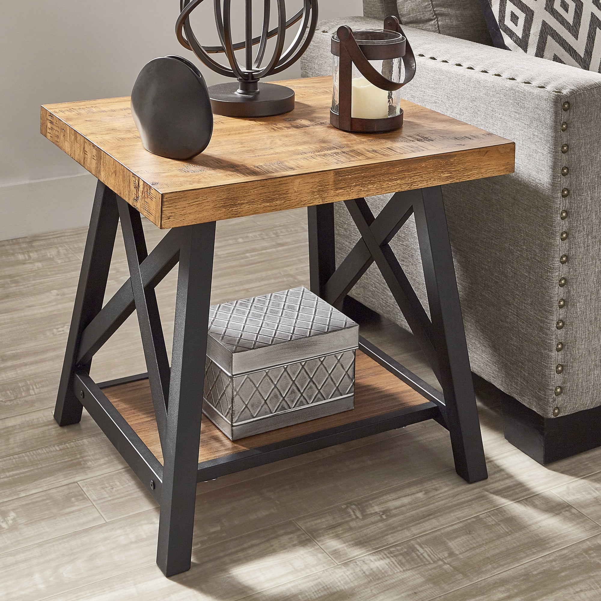 Weston Home Westyn Rustic X Base Wood End Table with Shelf, Oak