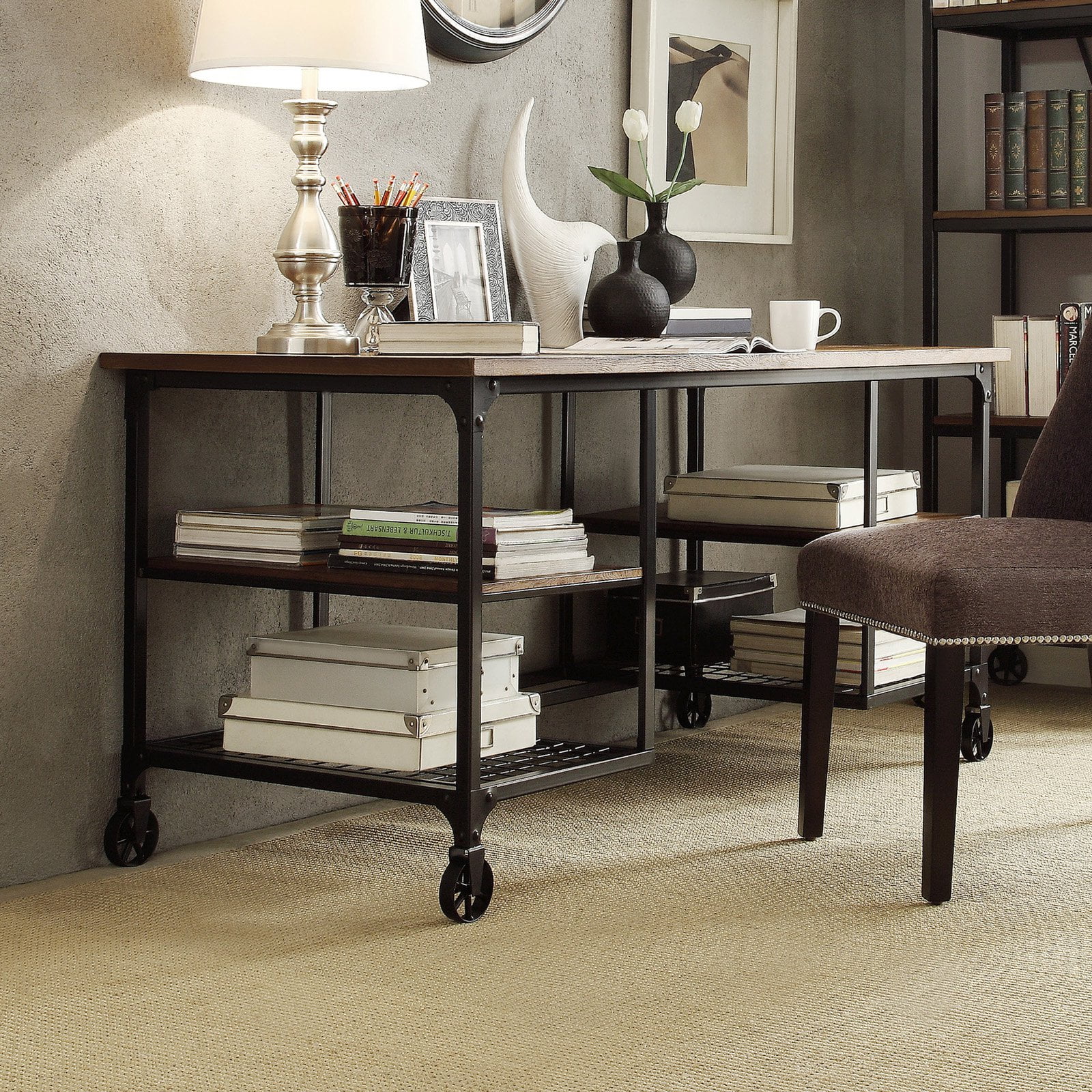 Weston Home Avery Industrial Wood and Metal Writing Desk, Weathered Brown/Black Finish