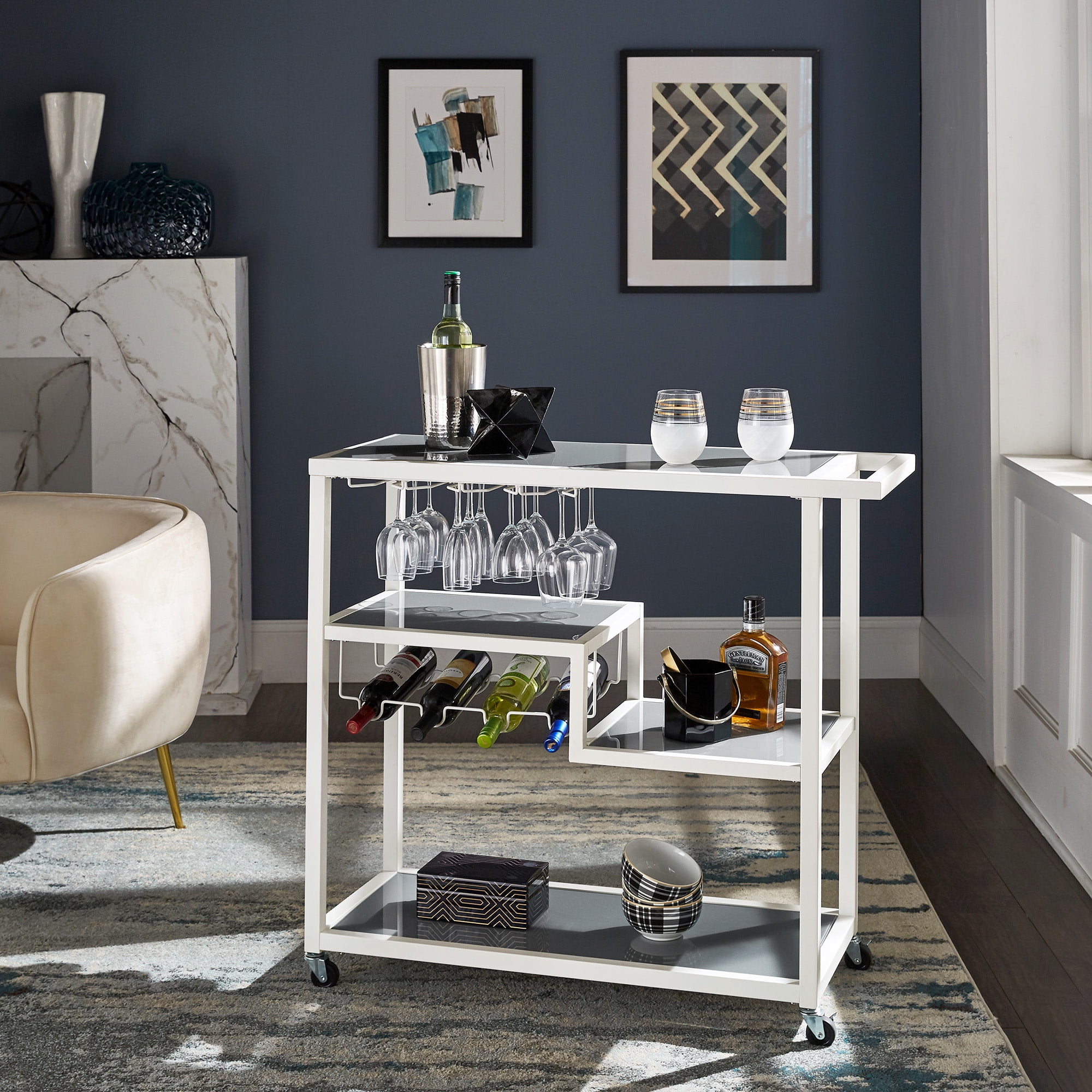 Weston Home Aleena Glass Top Metal 37" H Bar Cart, White