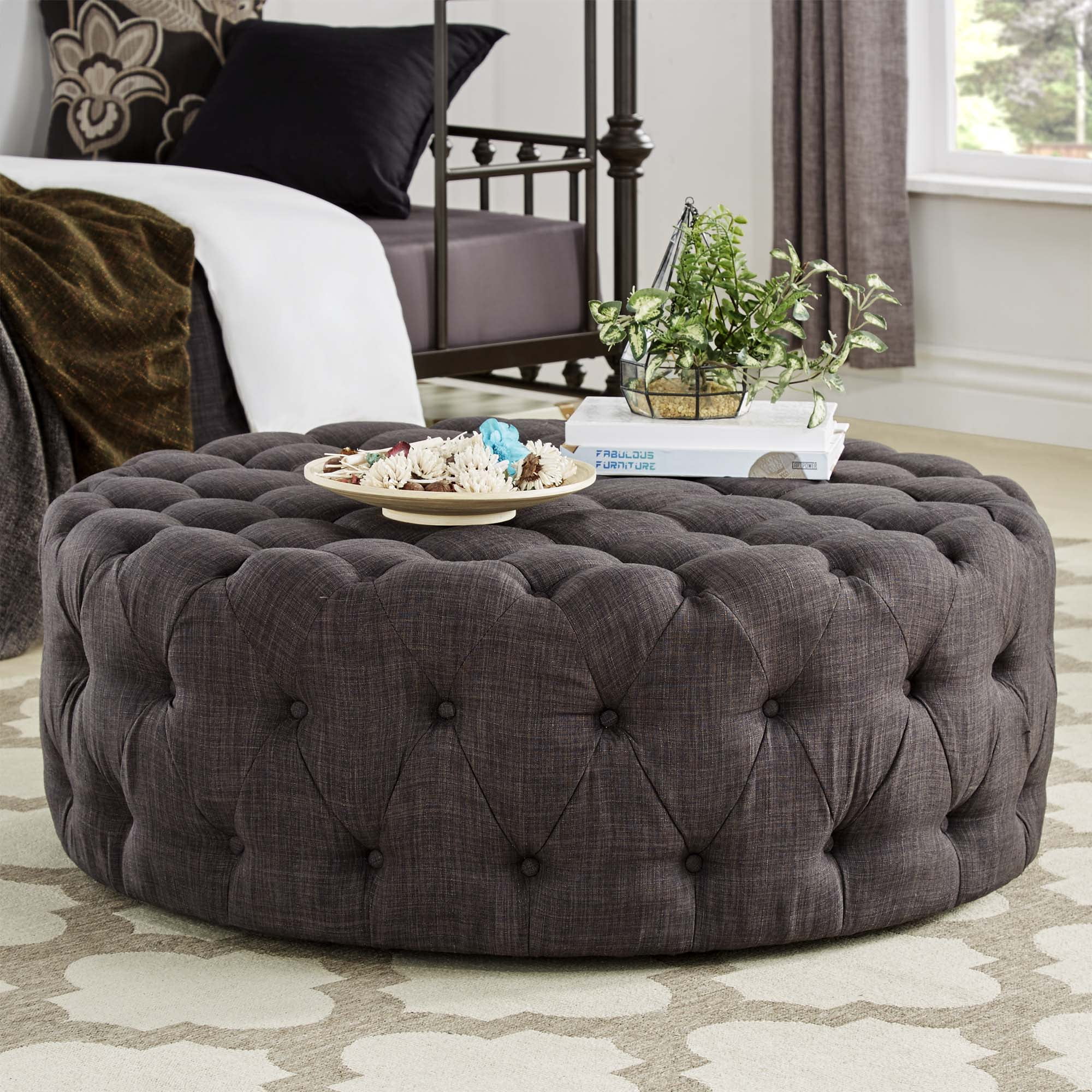 Weston Home Bowman Linen Round Button Tufted Ottoman with Casters, Dark Grey