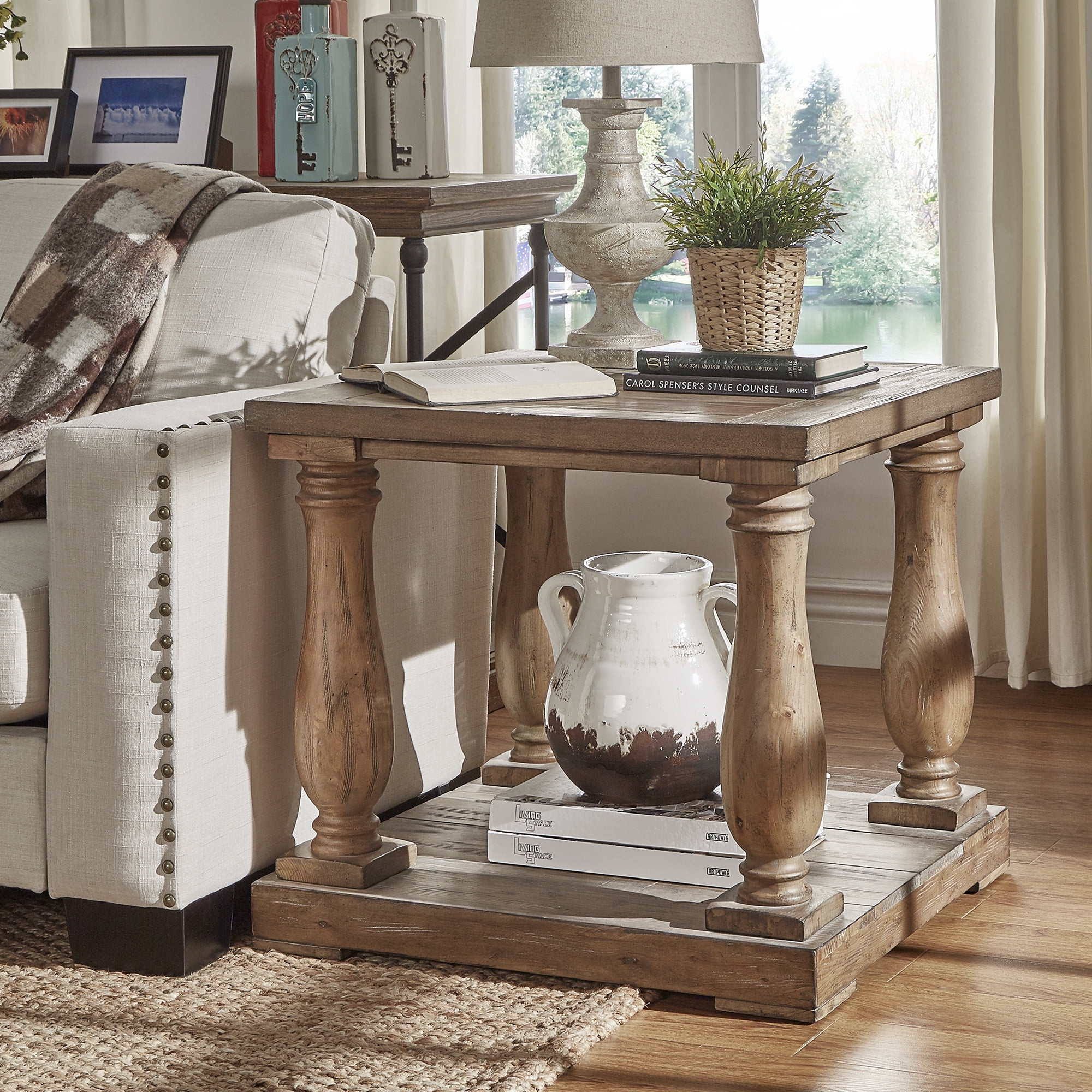 Weston Home Dunbar Pedestal Rectangular End Table with Lower Storage Shelf, Brown