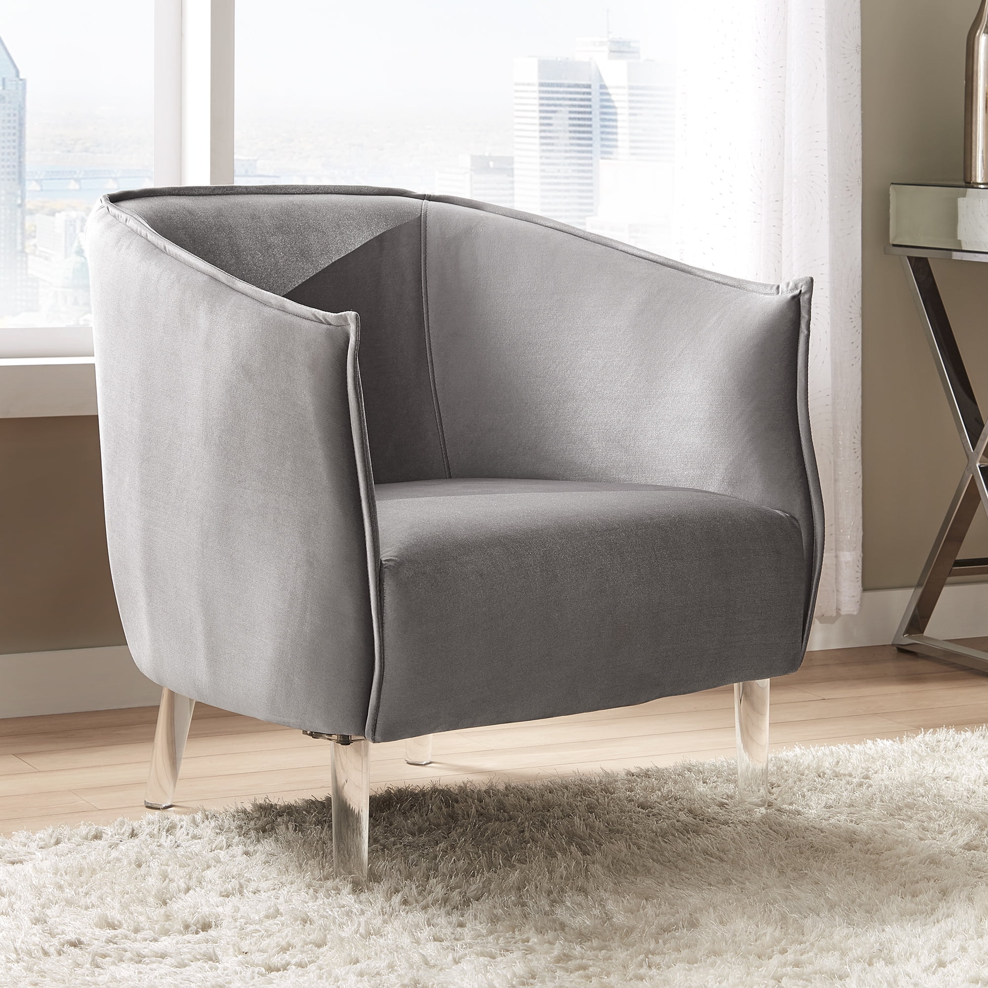 Weston Home Eldridge Velvet Accent Barrel Chair with Clear Legs, Silver Birch