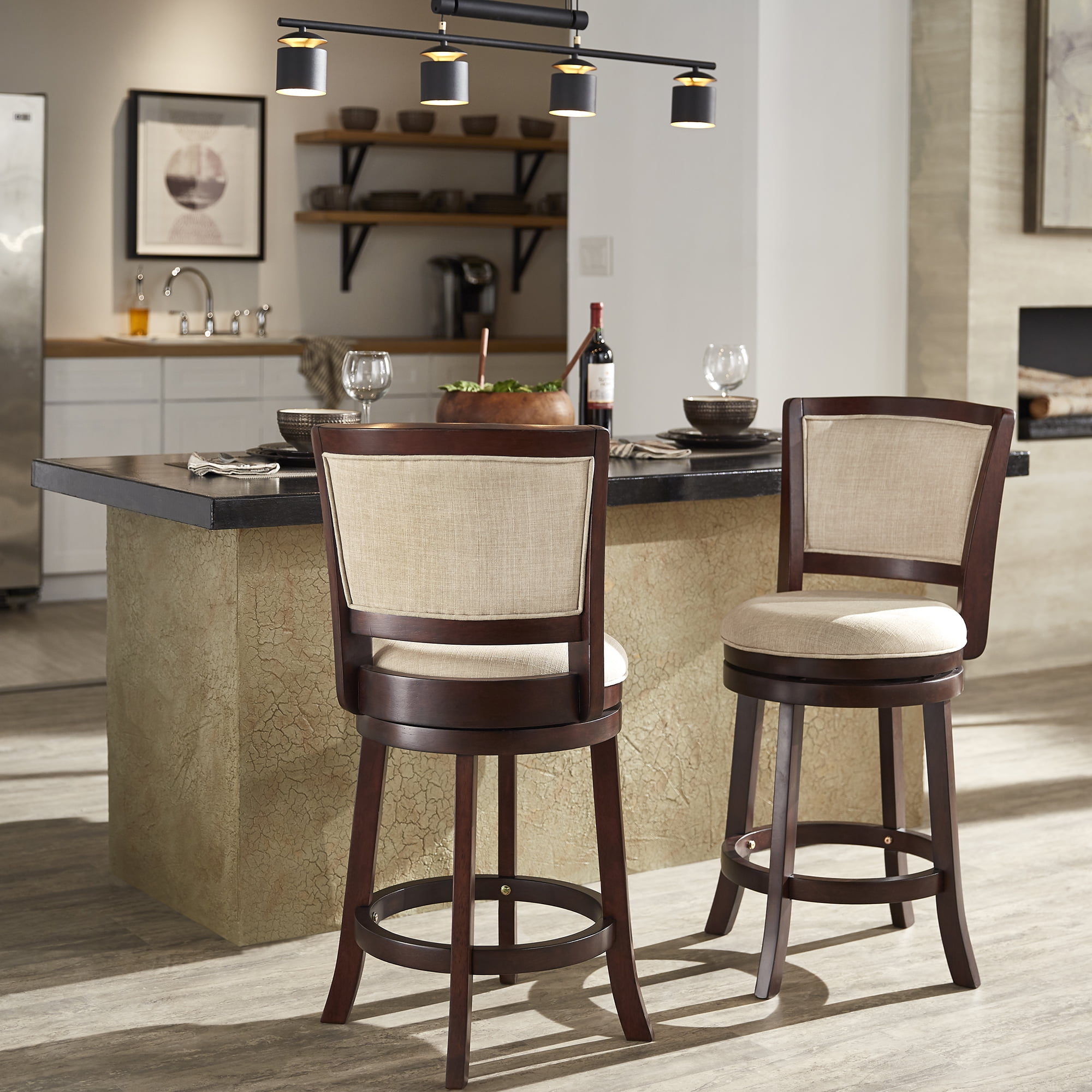 Weston Home Haas Swivel Counter Height Bar Stool, Dark Cherry Beige Linen