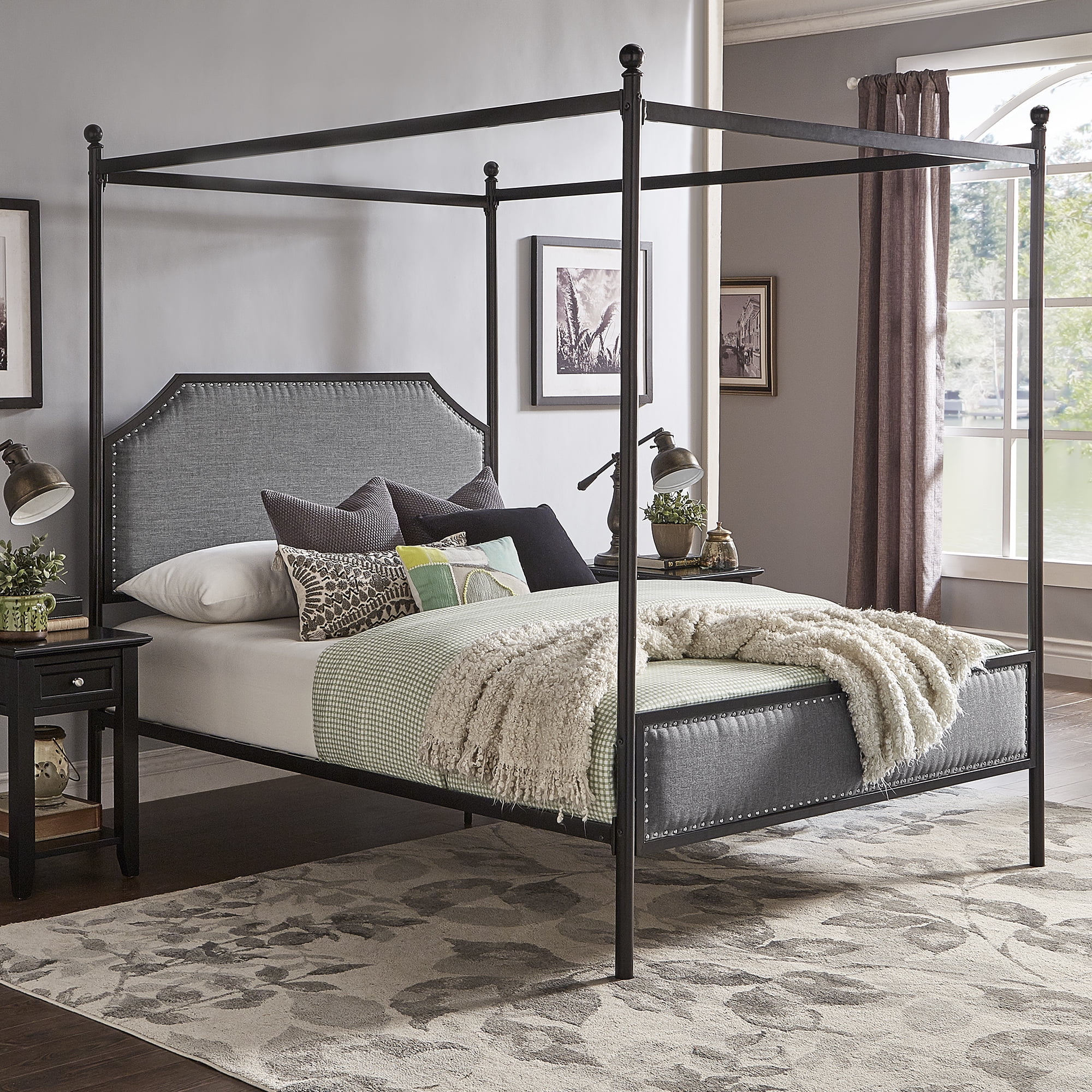 Weston Home Hazleton Black Metal Queen Canopy Bed with Grey Upholstered Headboard and Footboard