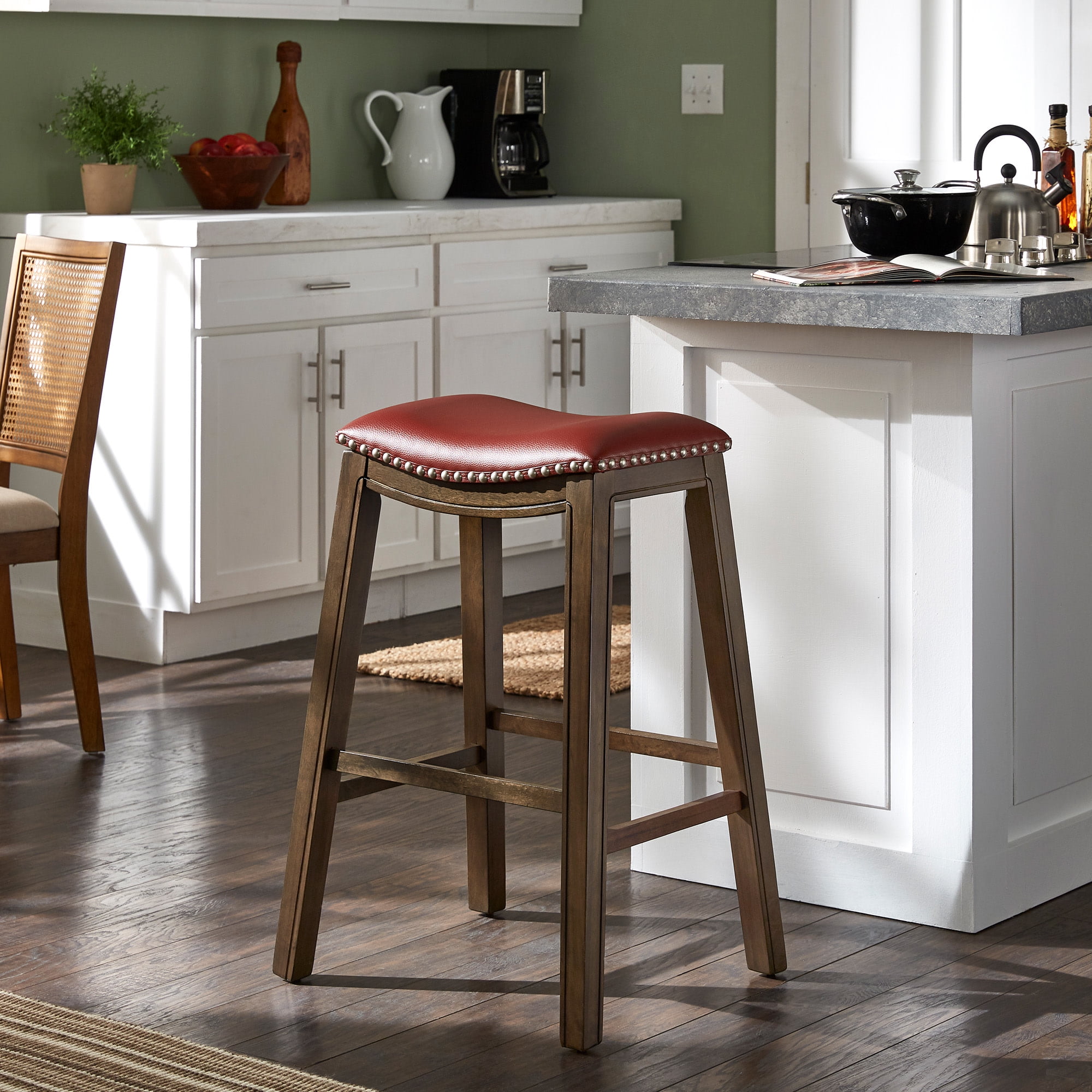 Weston Home Leighton Faux Leather Saddle Seat Backless Bar Height Stool, Red/Brown Finish