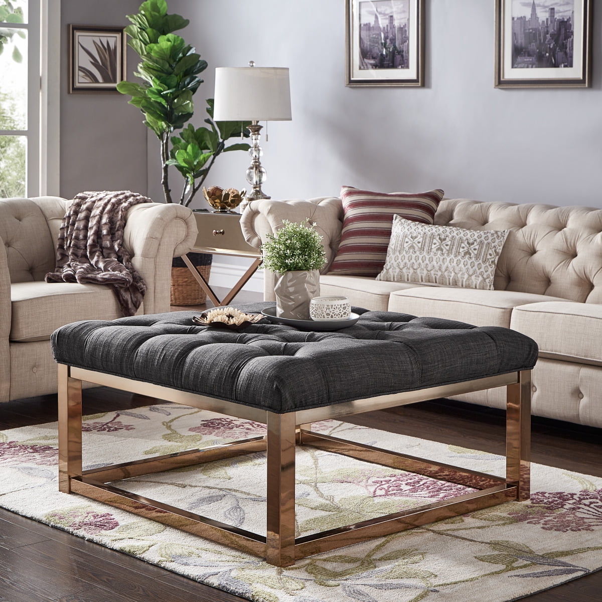 Weston Home Libby Button Tufted Cushion Ottoman Coffee Table with Champagne Gold Straight Base, Dark Grey Linen