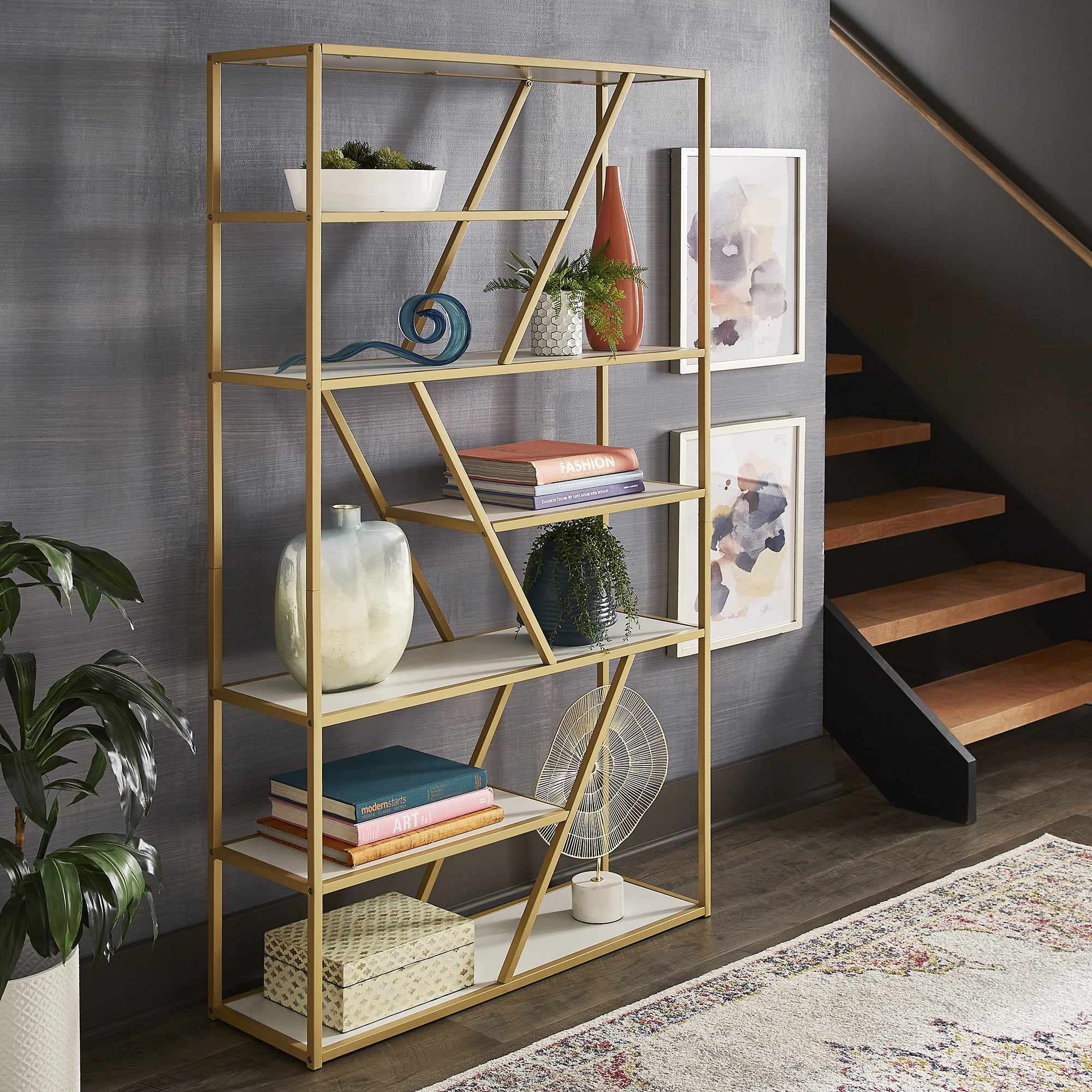 Weston Home Maisie Geometric 6 Shelf Bookcase, White/Gold