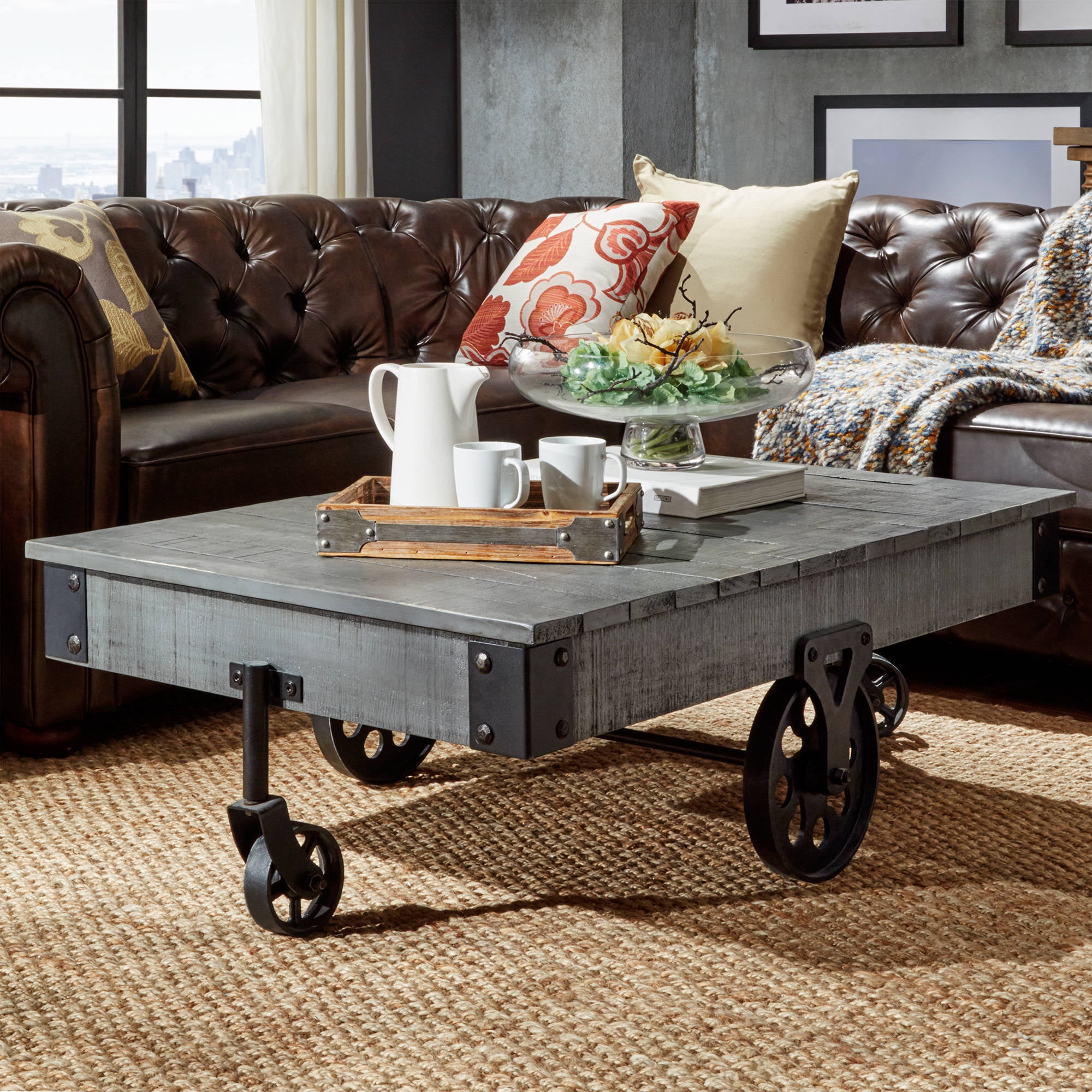 Weston Home Metal Supports Cocktail Table with Functional Wheels, Grey