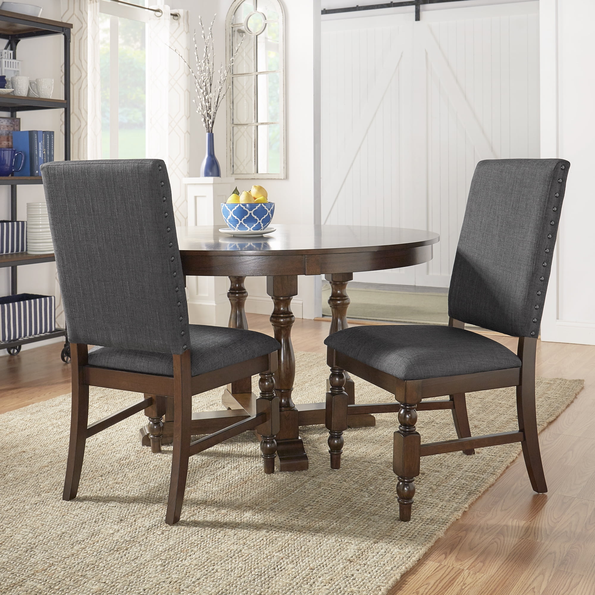 Weston Home Patterson Dark Oak Finish Upholstered Dining Chairs, Dark Grey Linen (Set of 2)