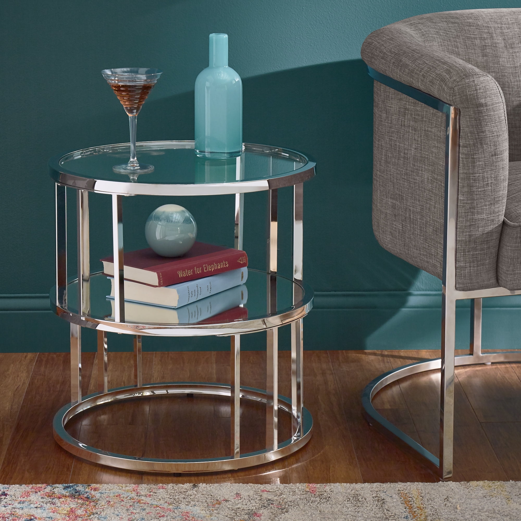 Weston Home Perla Chrome Finish Mirrored Shelf Round End Table