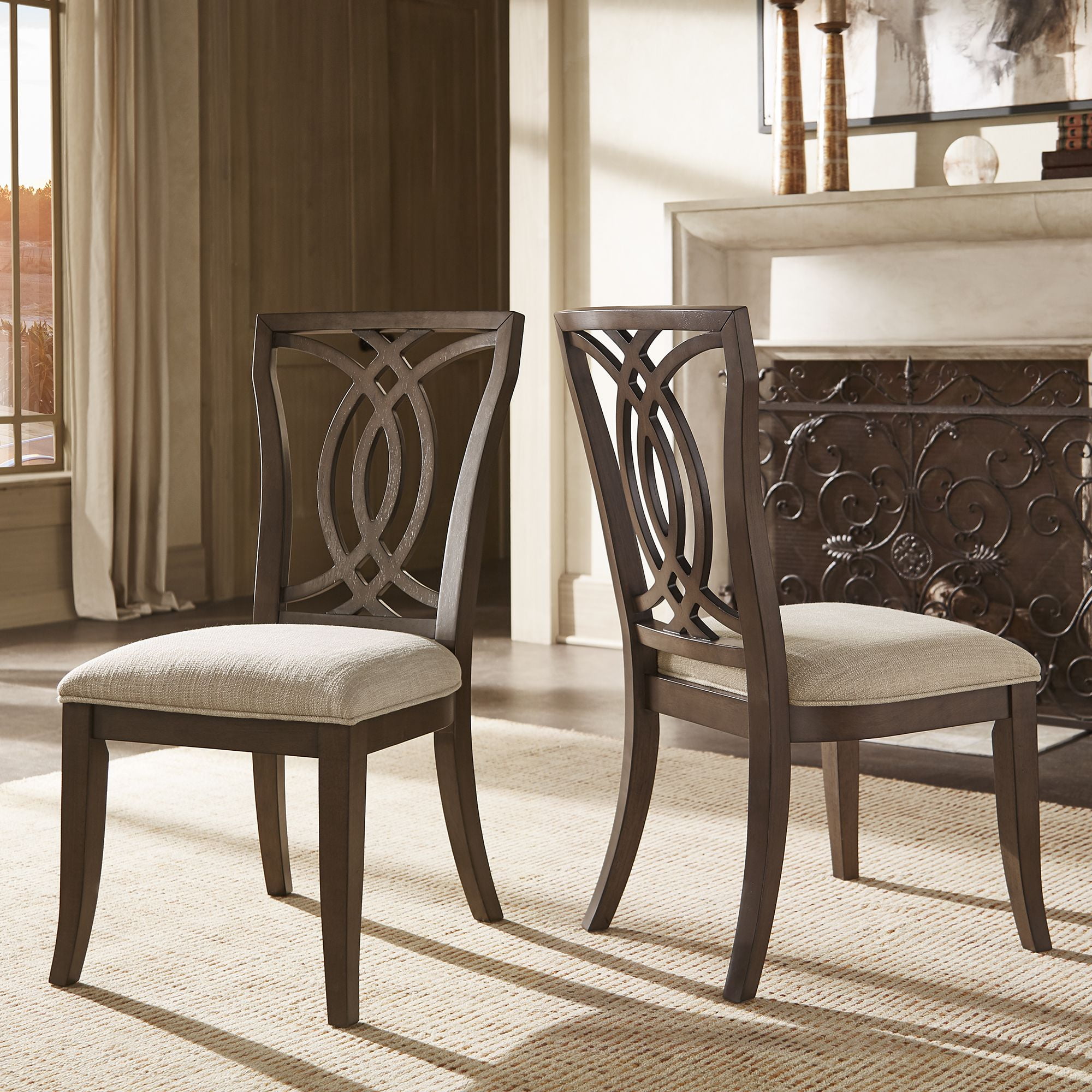 Weston Home Rococo Wood Upholstered Dining Chairs, Set of 2, Beige Fabric, Dark Walnut Finish, Side Chair