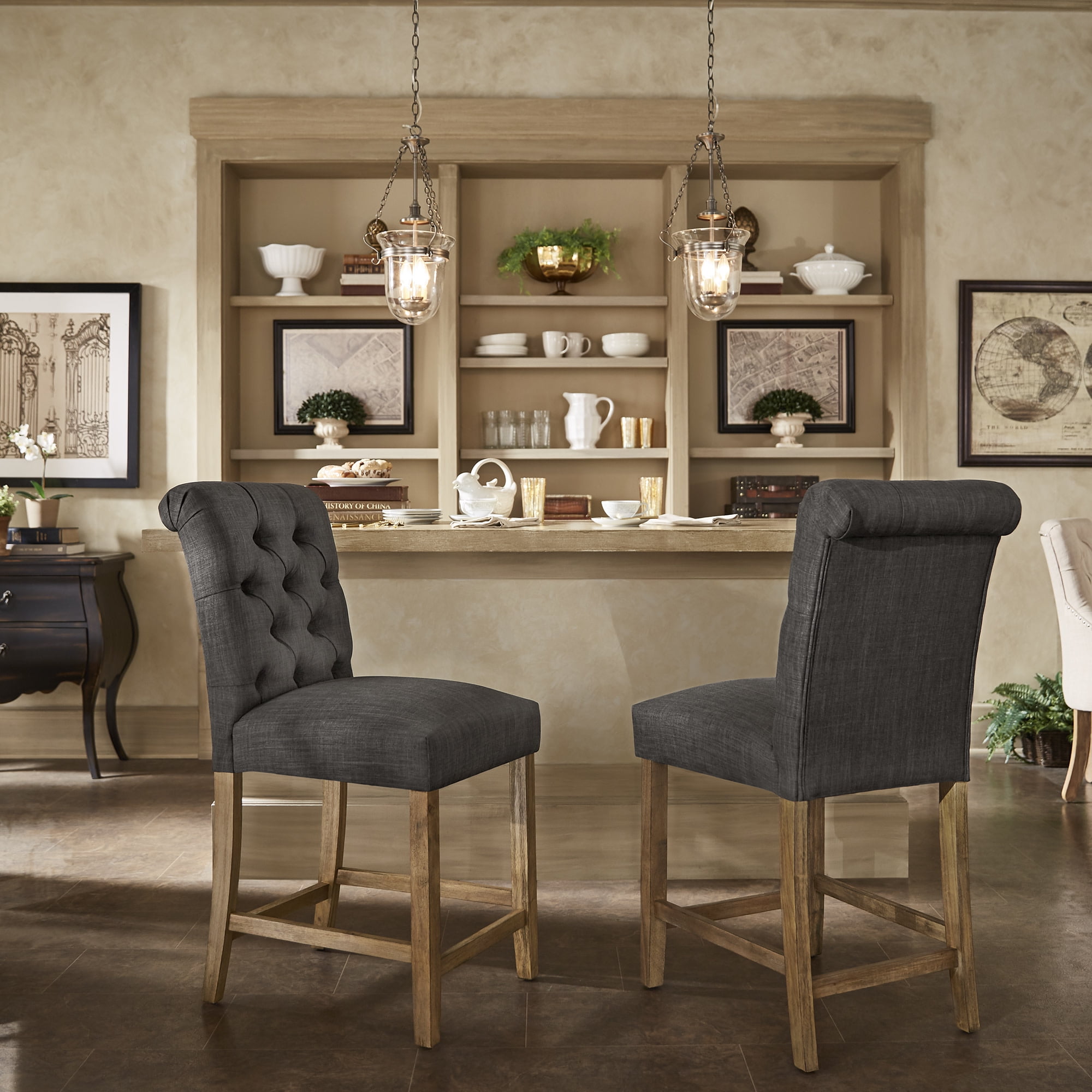 Weston Home Santine Tufted Rolled Back 24" Counter Height Stools, Set of 2, Dark Grey