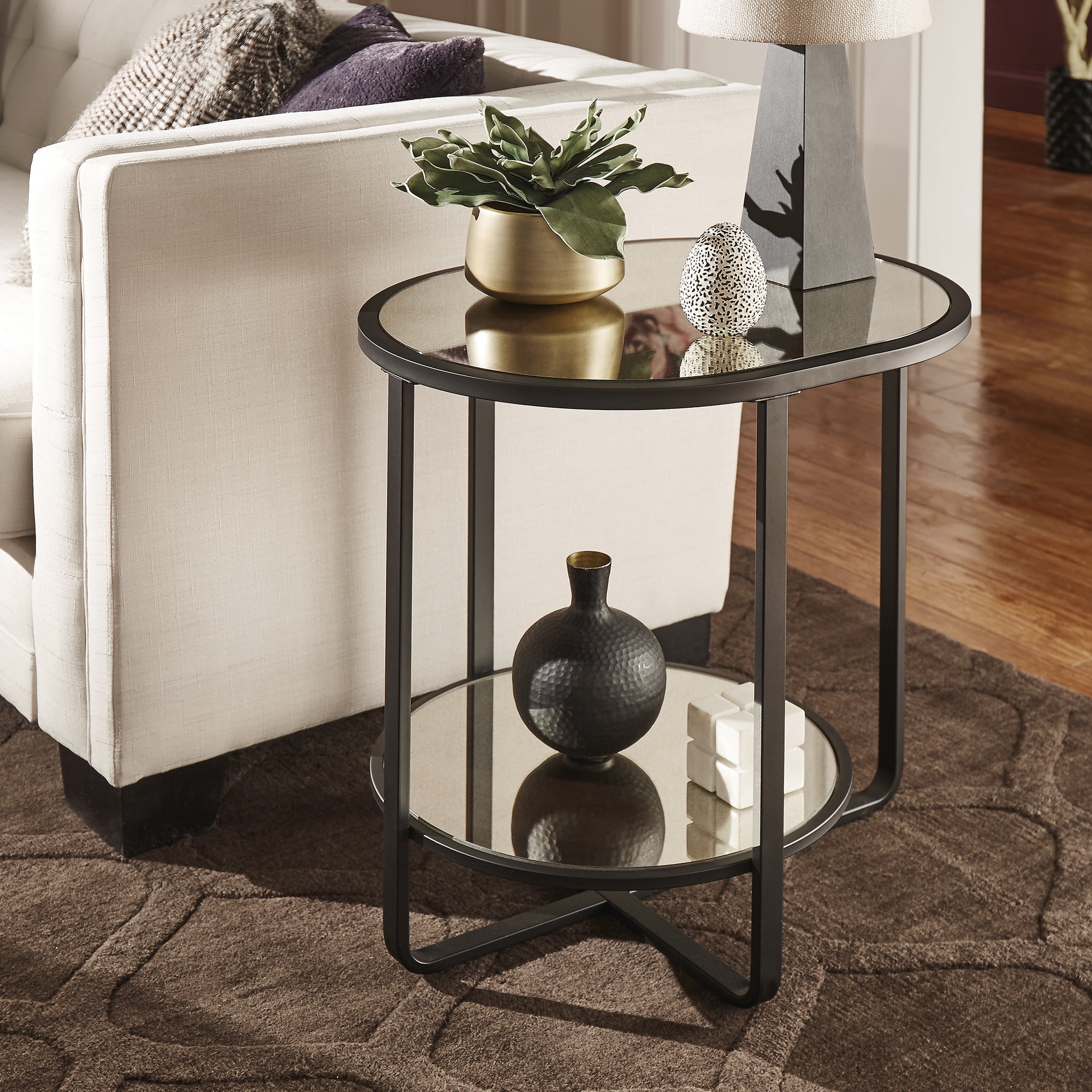 Weston Home Selah Oval Metal End Table with Antique Mirror Top, Black