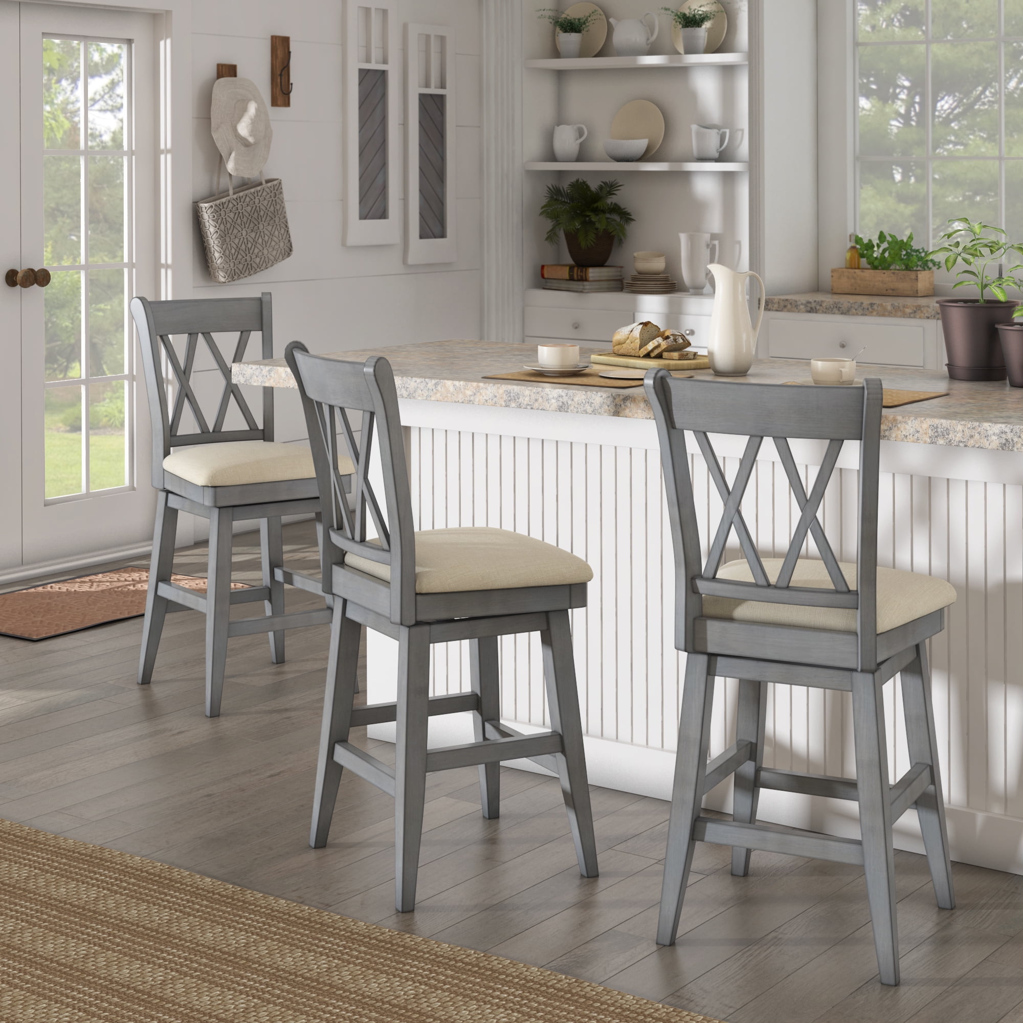 Weston Home Sheena Double X Back 24-inch Counter Height Wood Swivel Stool, Antique Grey