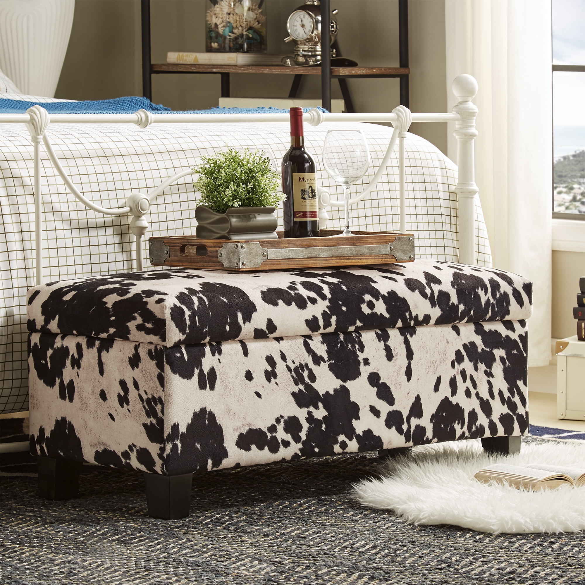 Weston Home Storage & Upholstered Bench, Black Cow