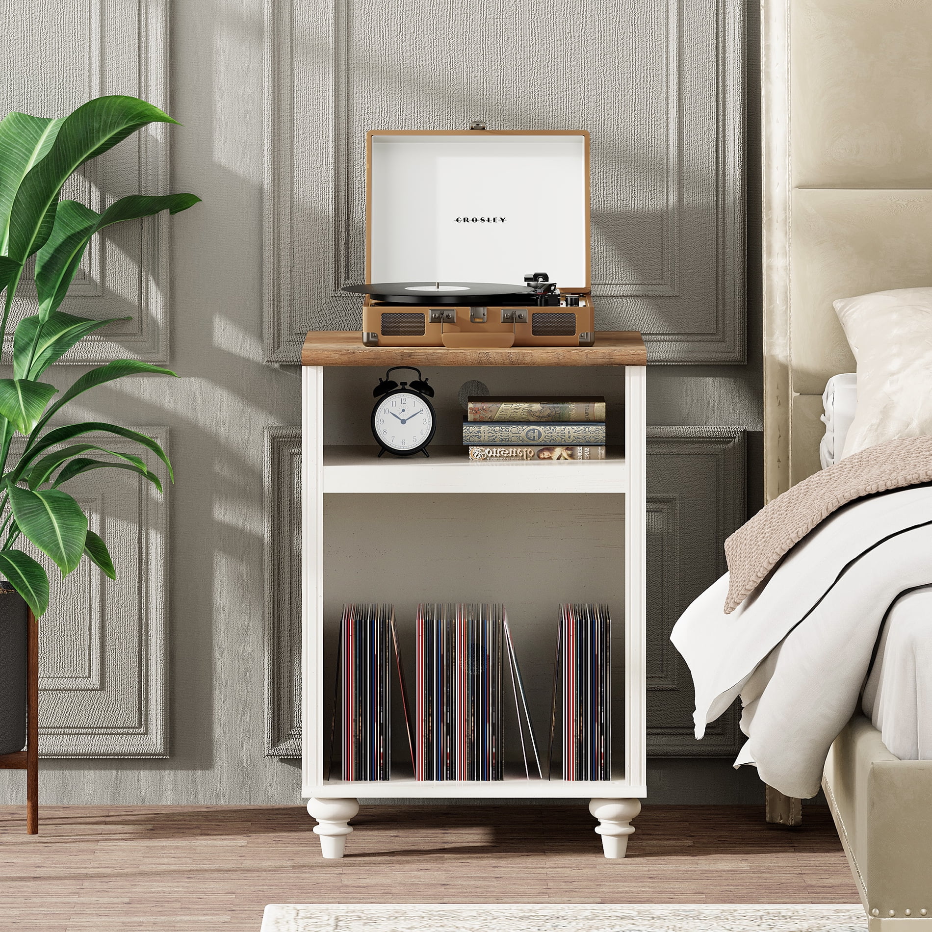 White Wooden Nightstand Side Table with 2 Storage Spaces, Ideal for Living Room, Tall Farmhouse Style Bedside Table for Bedroom