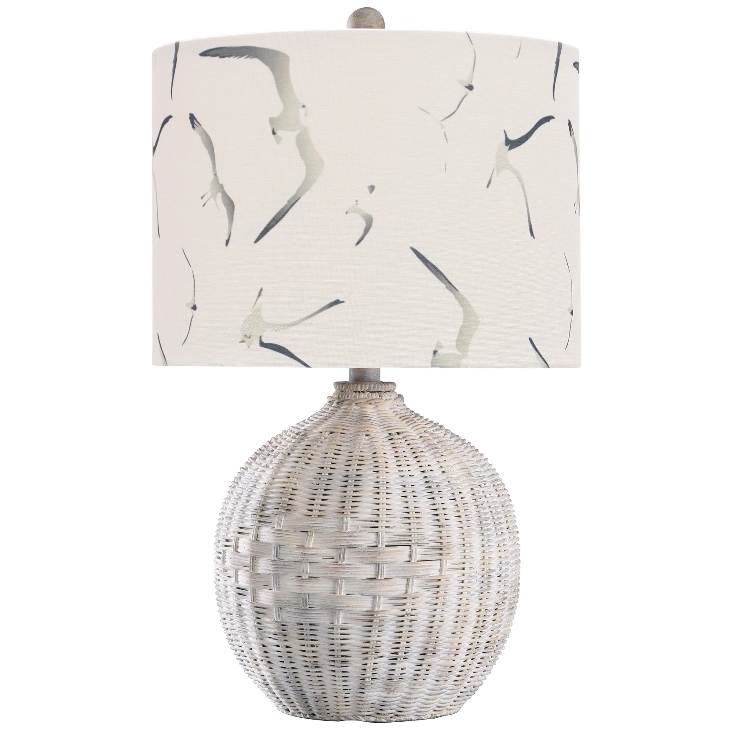 White Rattan Table Lamp - Natural With Wash - White, Seagull Print