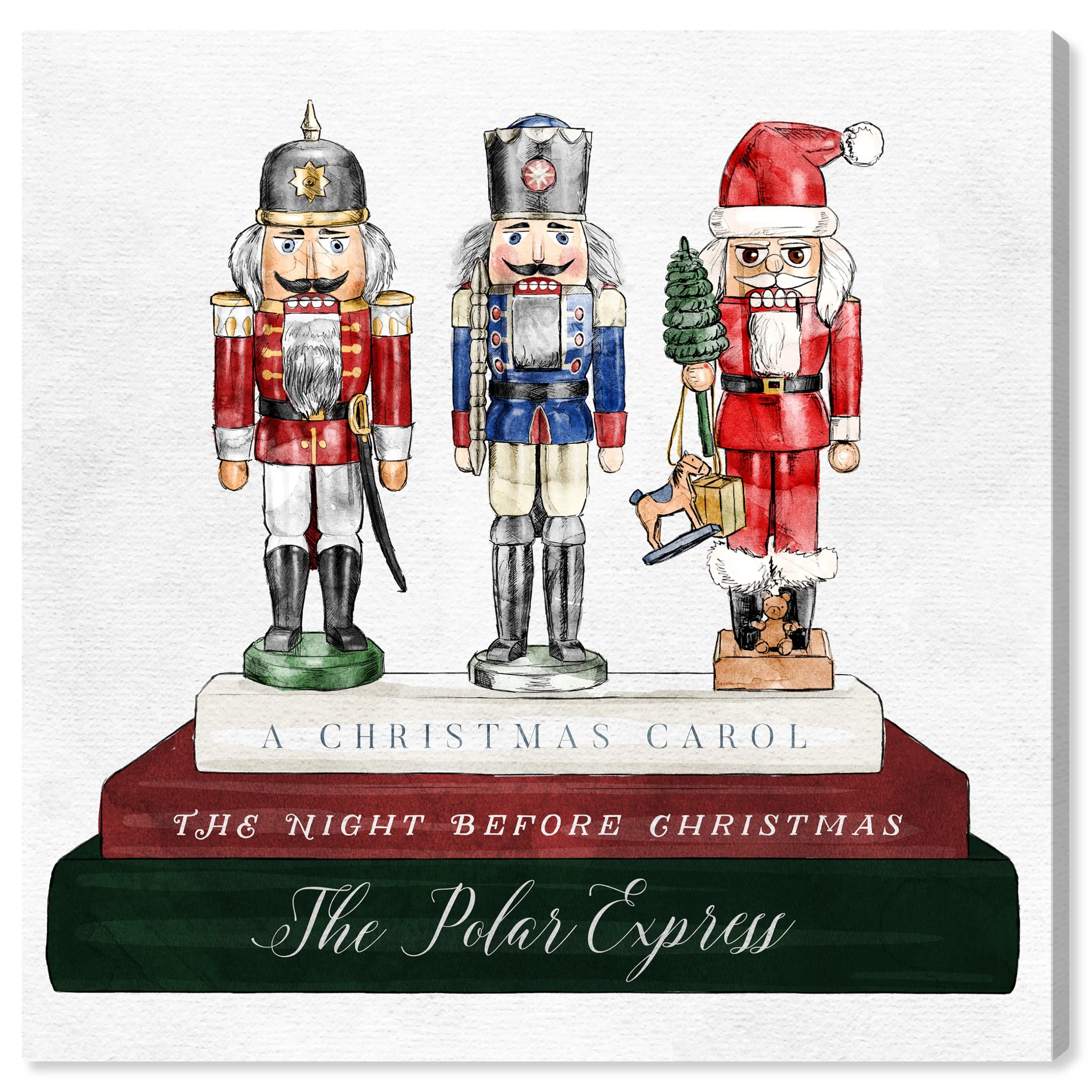 Wynwood Studio Holiday and Seasonal Wall Art Canvas Prints 'Holiday Nutcracker Books' Christmas Home Décor - Green, Red, 30" x 30"