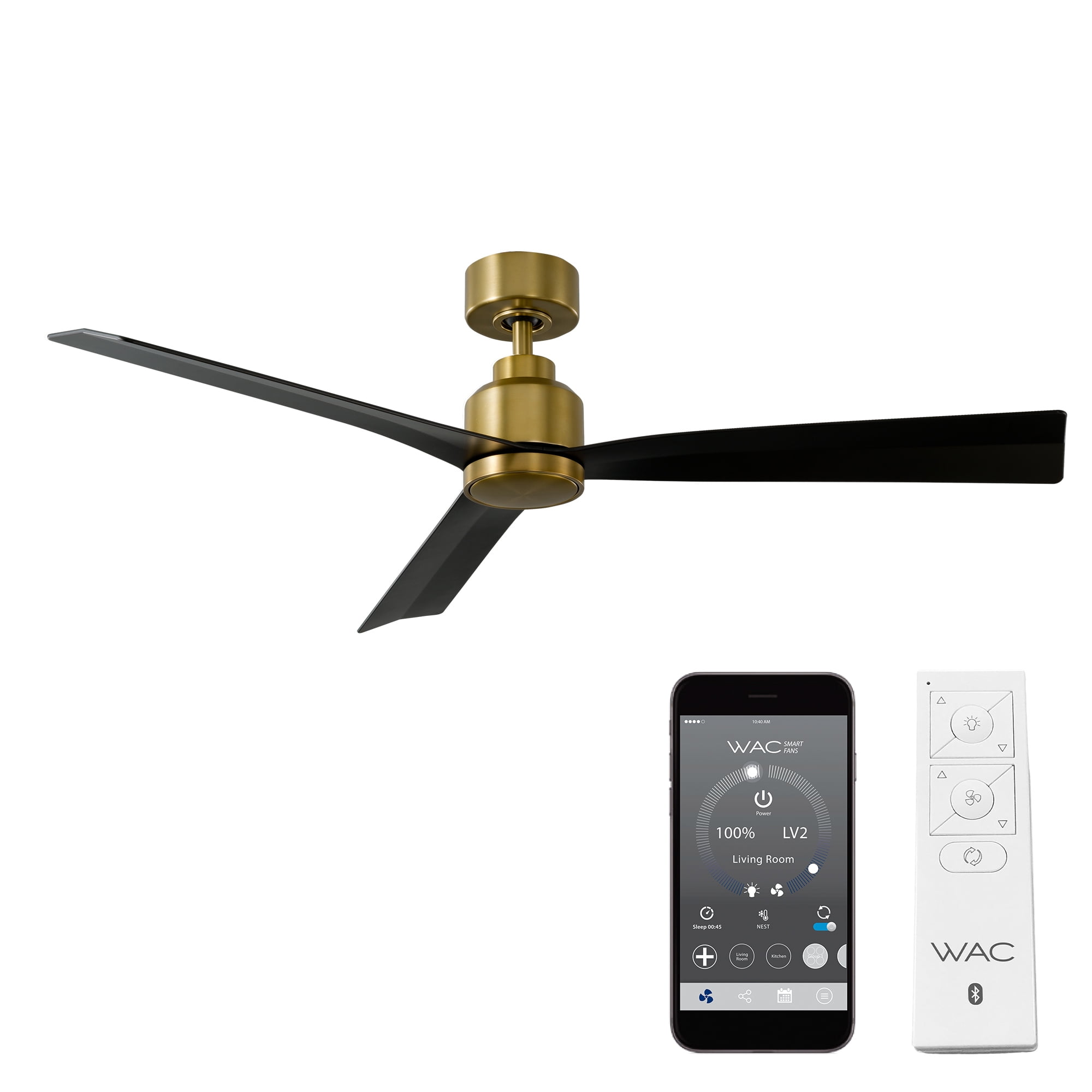 WAC Clean 52" Soft Brass/Matte Black Smart Ceiling Fan with Remote Control