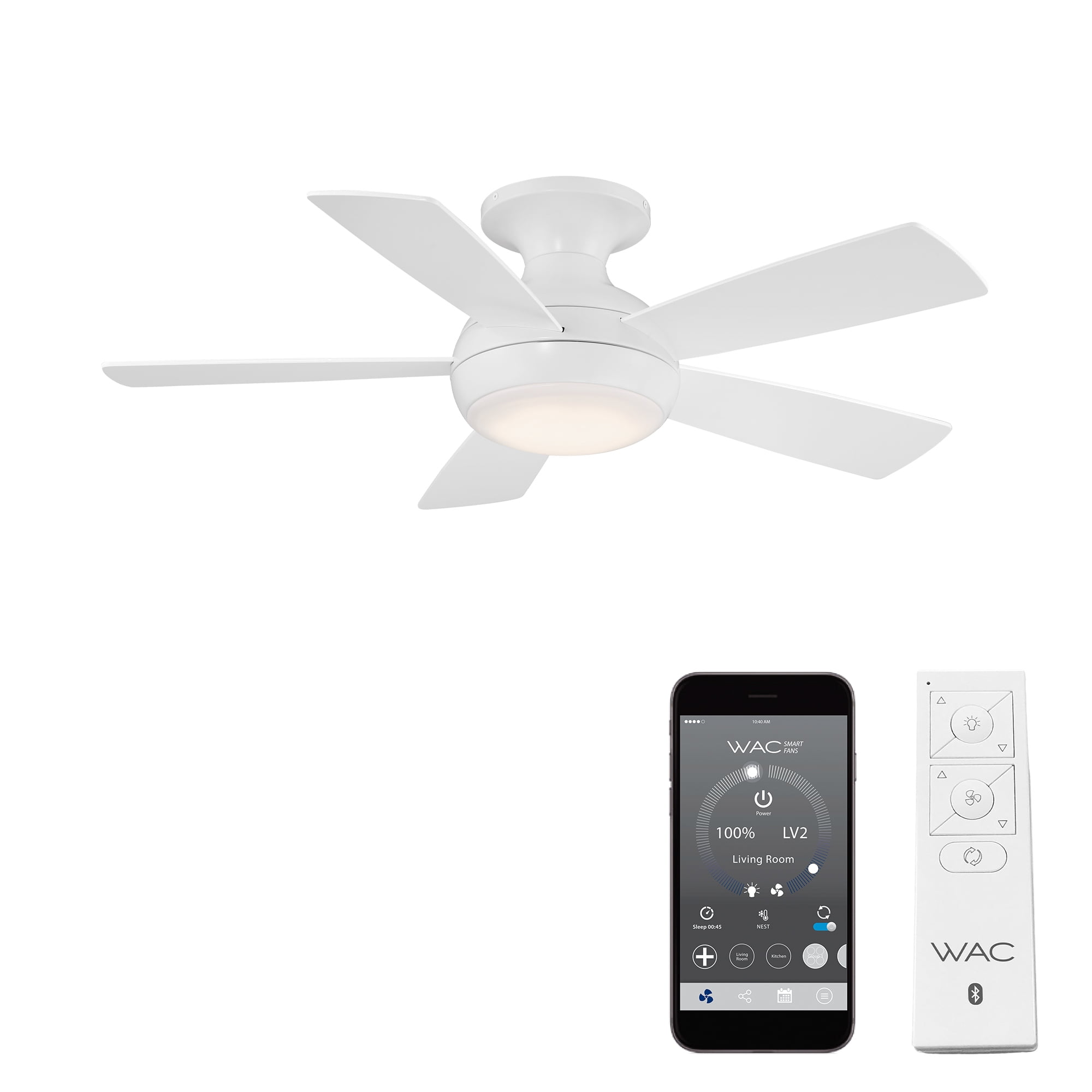 WAC Odyssey 44" Matte White Integrated LED Smart Flush Mount Ceiling Fan with Remote Control