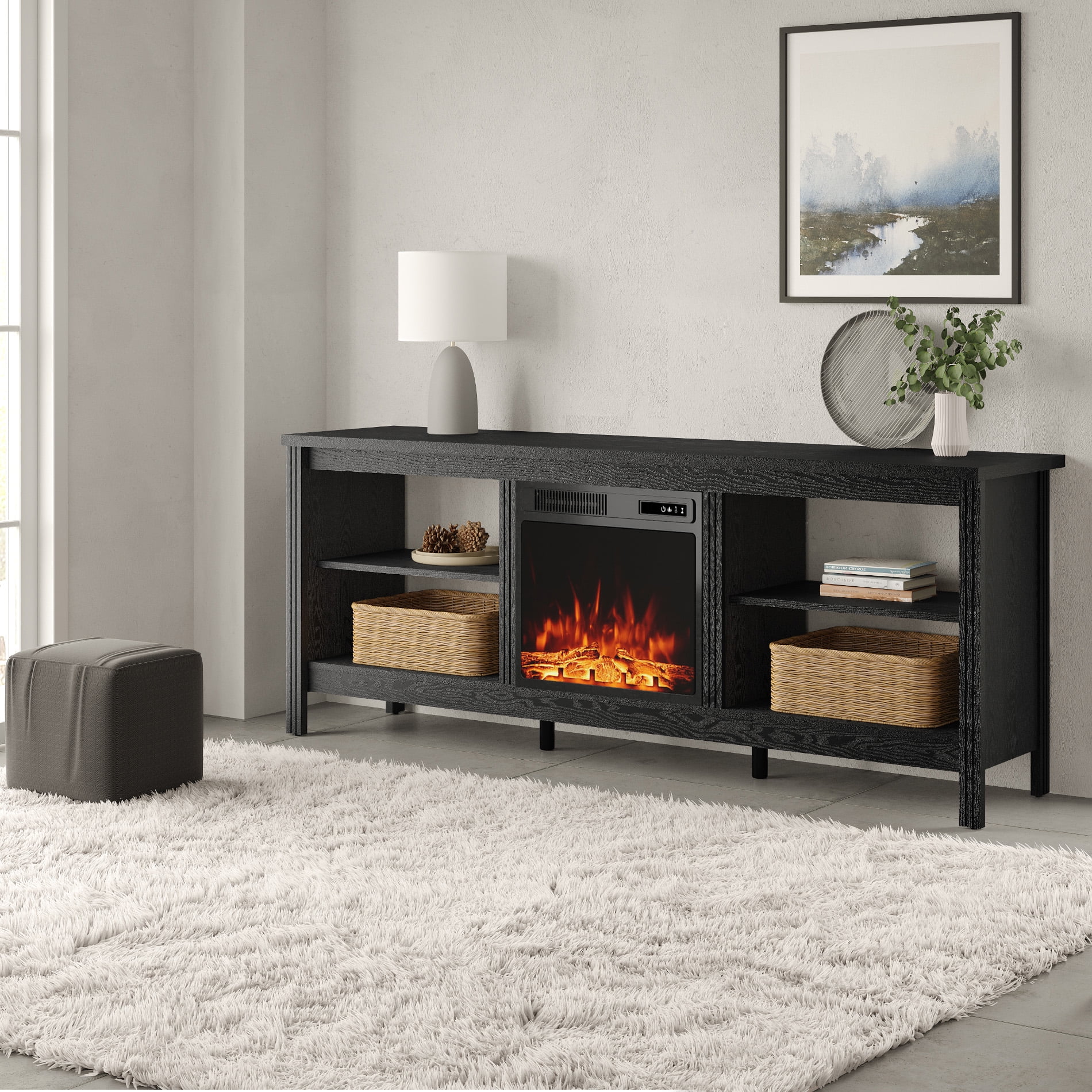WAMPAT Fireplace TV Stand for TV's up to 75 Inch, Entertainment Center with Electric Fireplace, 70 inch, Black