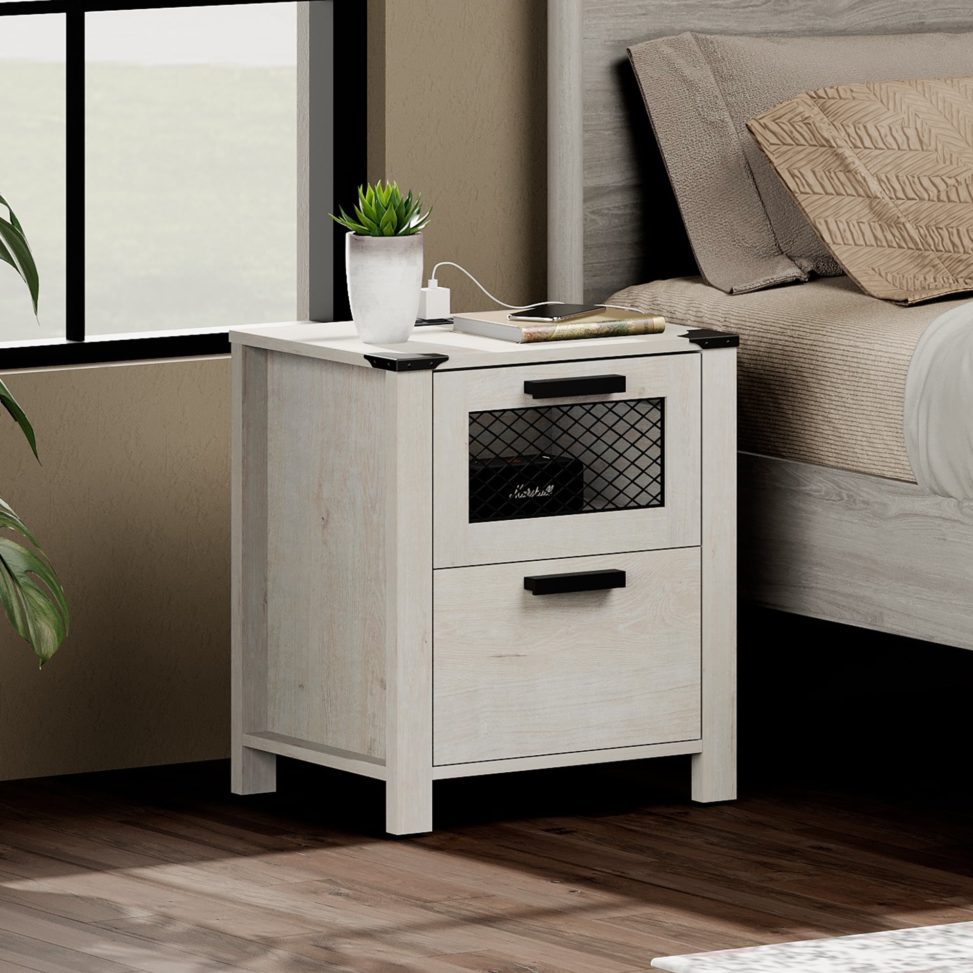 WAMPAT Nightstand with Charging Station,Farmhouse End Table with 2 Drawers, Rustic Sofa Side Bedside Table for Bedroom and Living Room, Antique White