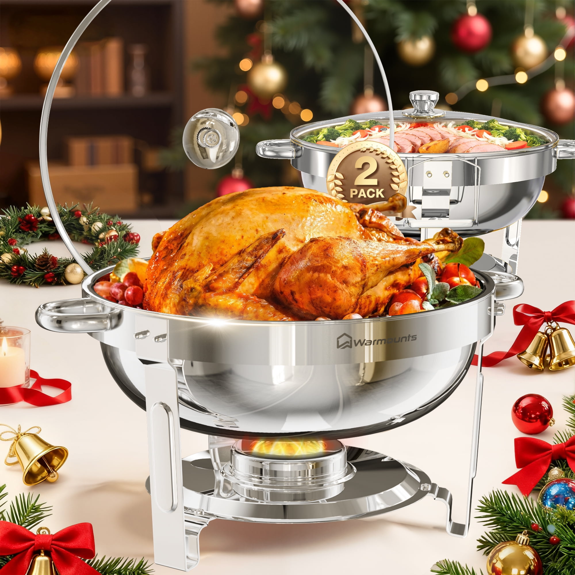 WARMOUNTS Round Chafing Dish Buffet Set 2 Pack, 5QT Buffet Chafe Warmer Set, Polished Stainless Steel Chafing Dish for Buffet with Glass Lid & Holder for Party Events, No Finger Cuts