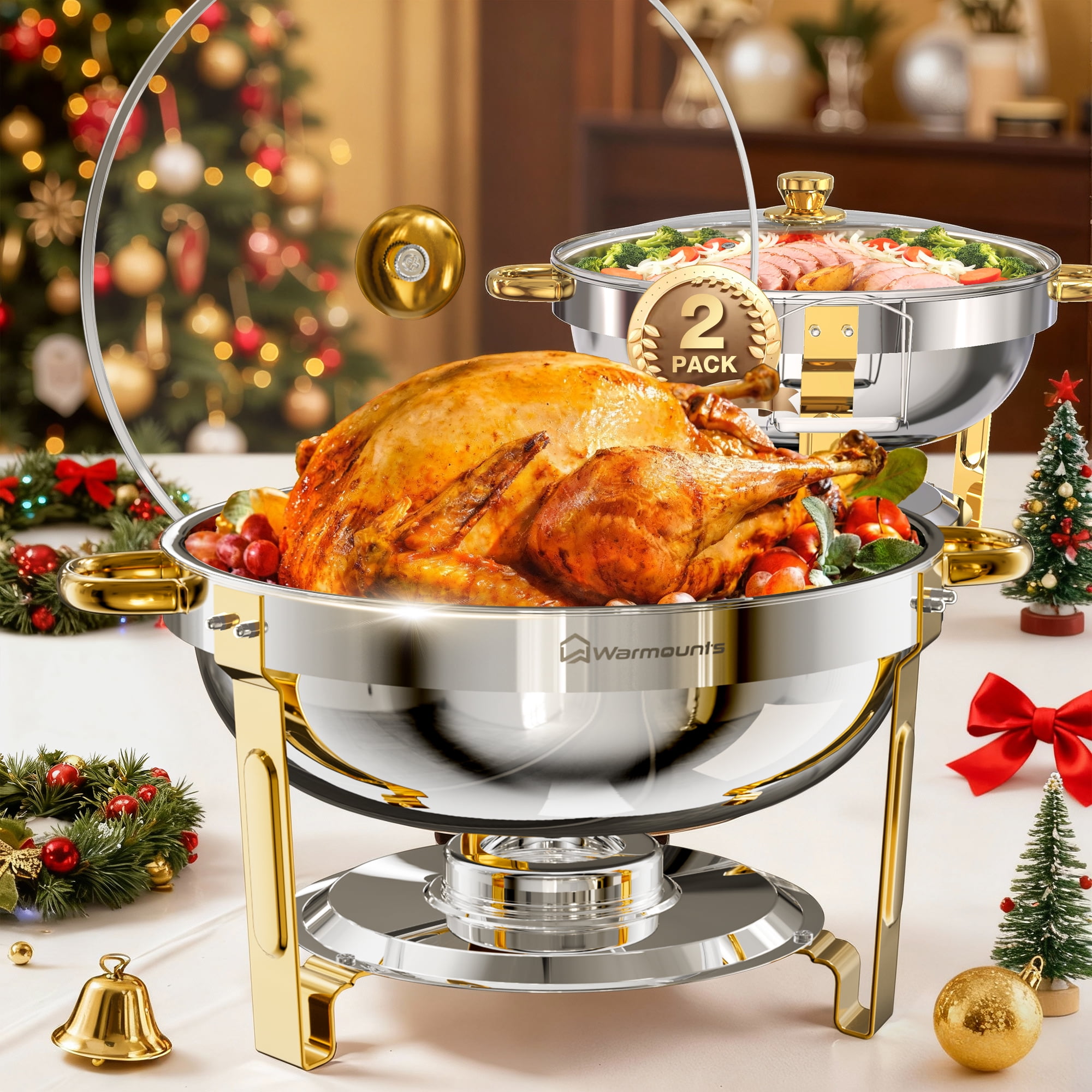 WARMOUNTS Gold Chafing Dish Buffet Set 2 Pack, 5QT Round Stainless Steel Chafers and Buffet Warmers Sets with Glass Lid & Lid Holder for Parties Catering Events, Polished & No Finger Cuts