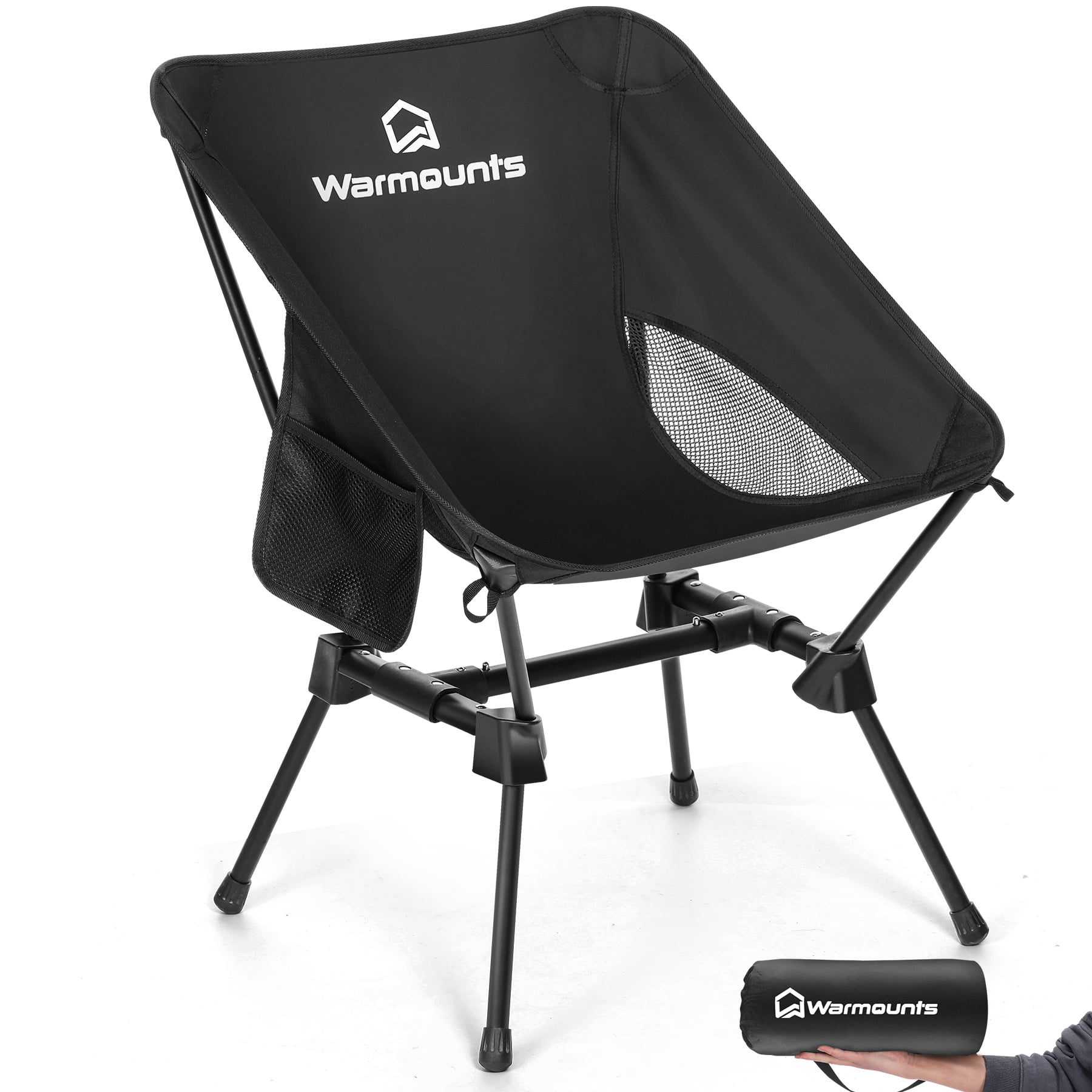 WARMOUNTS Portable Camping Chair, 400LBS Folding Backpacking Chair with Side Pocket & Carrying Bag, Ultralight Compact Beach Chair for Picnics Hiking Fishing, Black