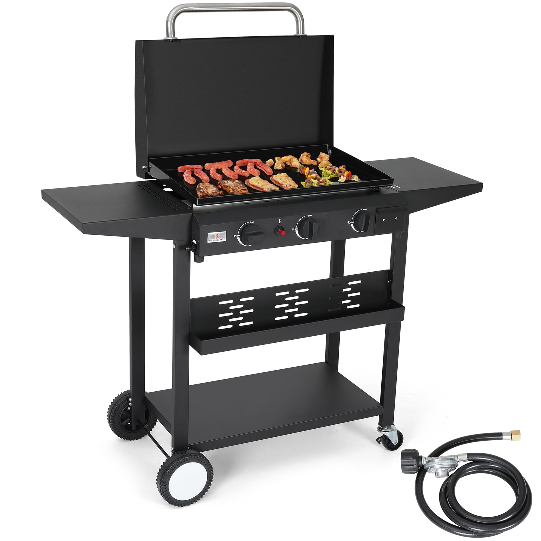 WARMOUNTS 3 Burner 23'' Propane Gas Griddle Removable, 2 in 1 Portable Flat Table Top Grill with Lid, 24600 BTU Outdoor Griddle with 4 wheels, Nonstick Enameled Tray, Side Tables, for Camping, BBQ