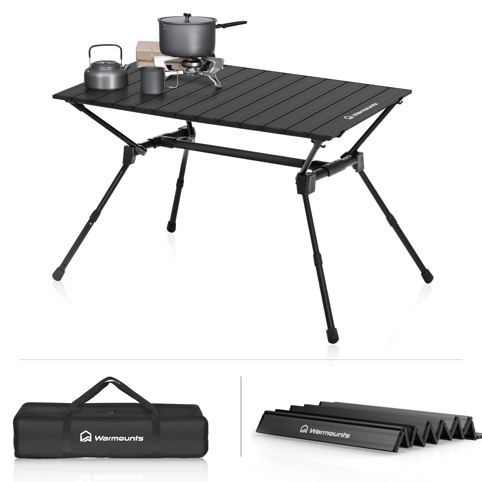 WARMOUNTS 35″ Aluminum Roll up Table Foldable for Camping Adjustable Height, Portable Aluminum Foldable Table, Portable Camping Table w/Carrying Bag for Picnic, Grill, Fishing, Beach, 2-4 People