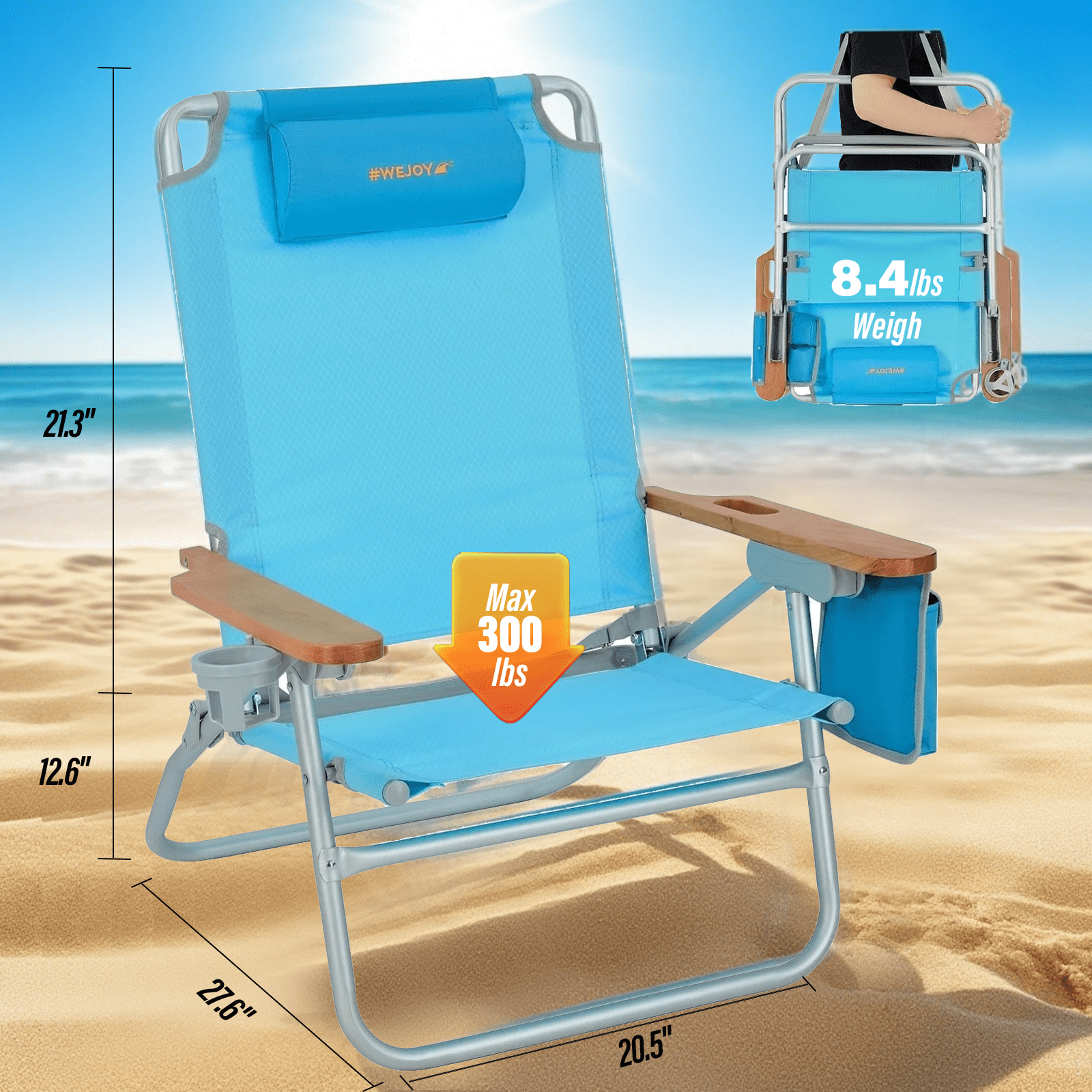 #WEJOY Aluminum Beach Chair Portable Folding Lawn Chairs Outdoor Camping Chairs with Wood Armrests, Support 300 lbs, Blue