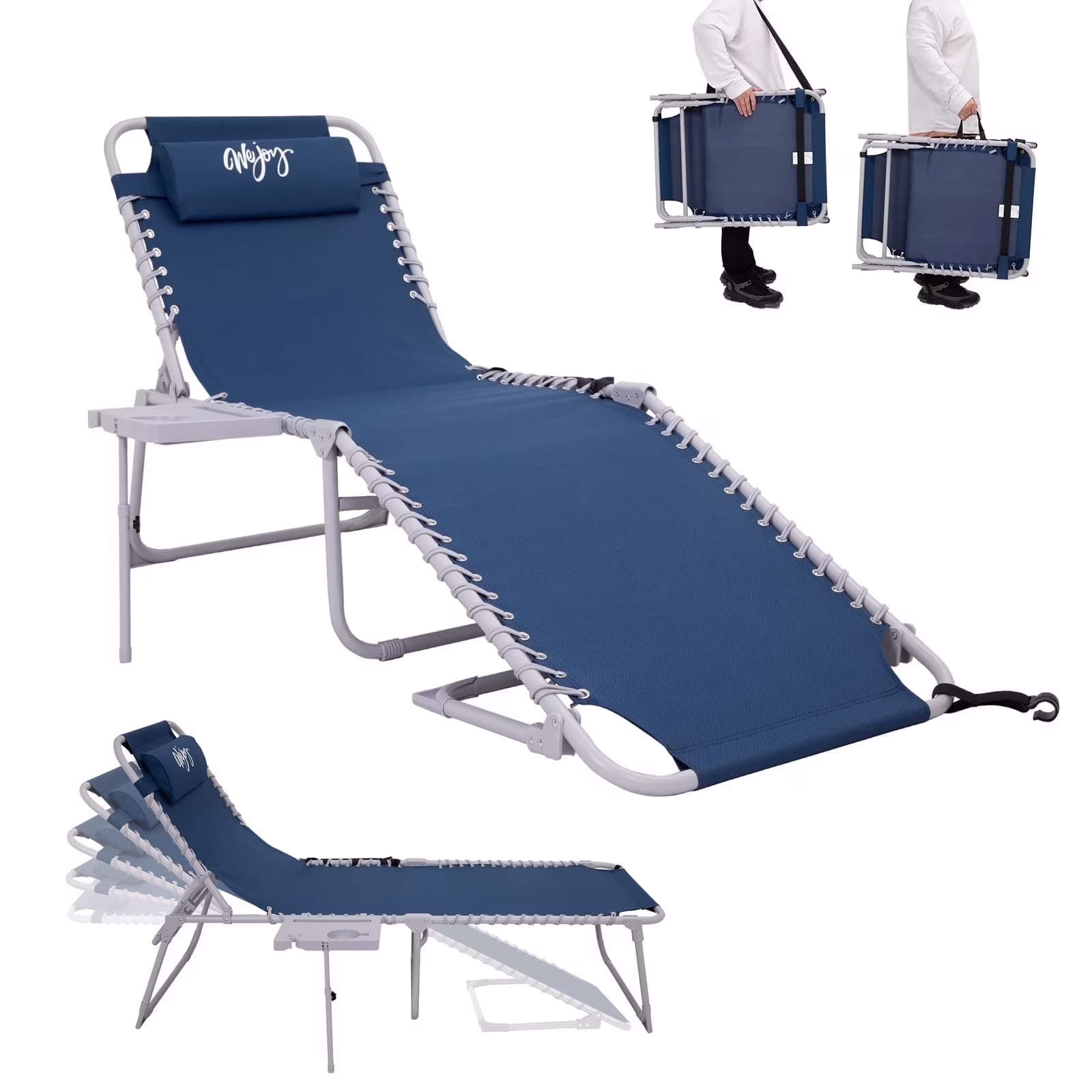 #WEJOY Folding Chaise Lounge, Portable Tanning Chair, 5-Positions Adjustable Beach Chair with Side Table & Pillow & Detachable Pocket, Max Load 264 lbs