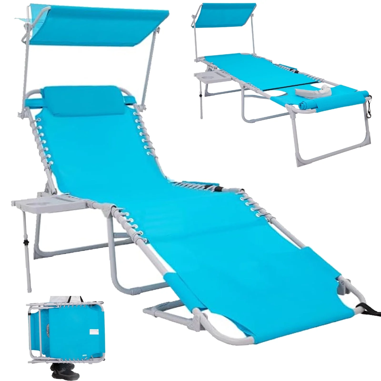 #WEJOY Portable Beach Chaise, Lounge Chair, 5-Position Adjustable Reclining Chaise, Folding Chaise with Face Hole, Sunshade, 3-in-1 Pocket and Side Table, Weight up to 264 lbs