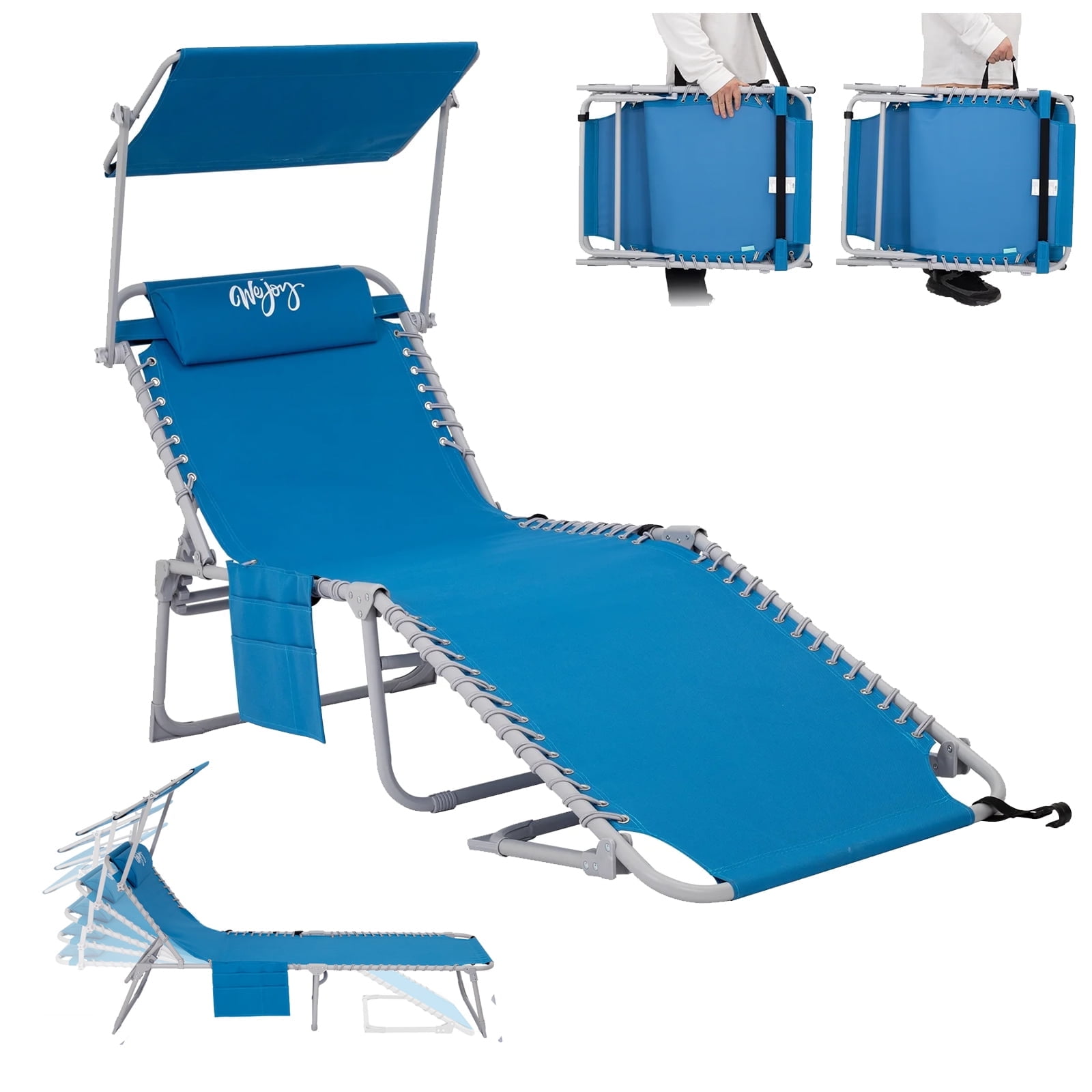 #WEJOY Beach Chaise Lounge Chair, 5 Position Adjustable Lounge Chaise, Outdoor Folding Chaise, Tanning Chair with Pillow and Sunshade, Recliner Chair Support up to 264 lbs