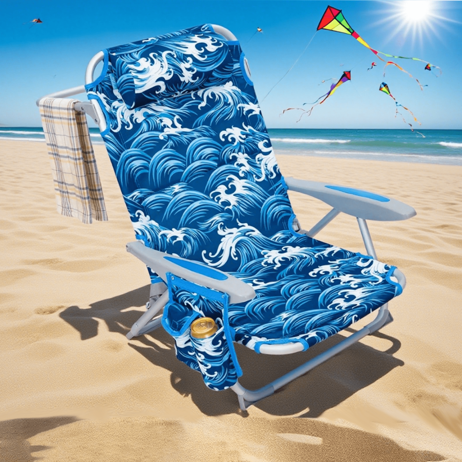 #WEJOY Backpack Beach Chair, 4-Position Adjustable Folding Chair, Aluminum Folding Beach Chair, Low Camping Chair for Adults with Headrest, Cup Holder, Towel Rack, Max Load 265 lbs